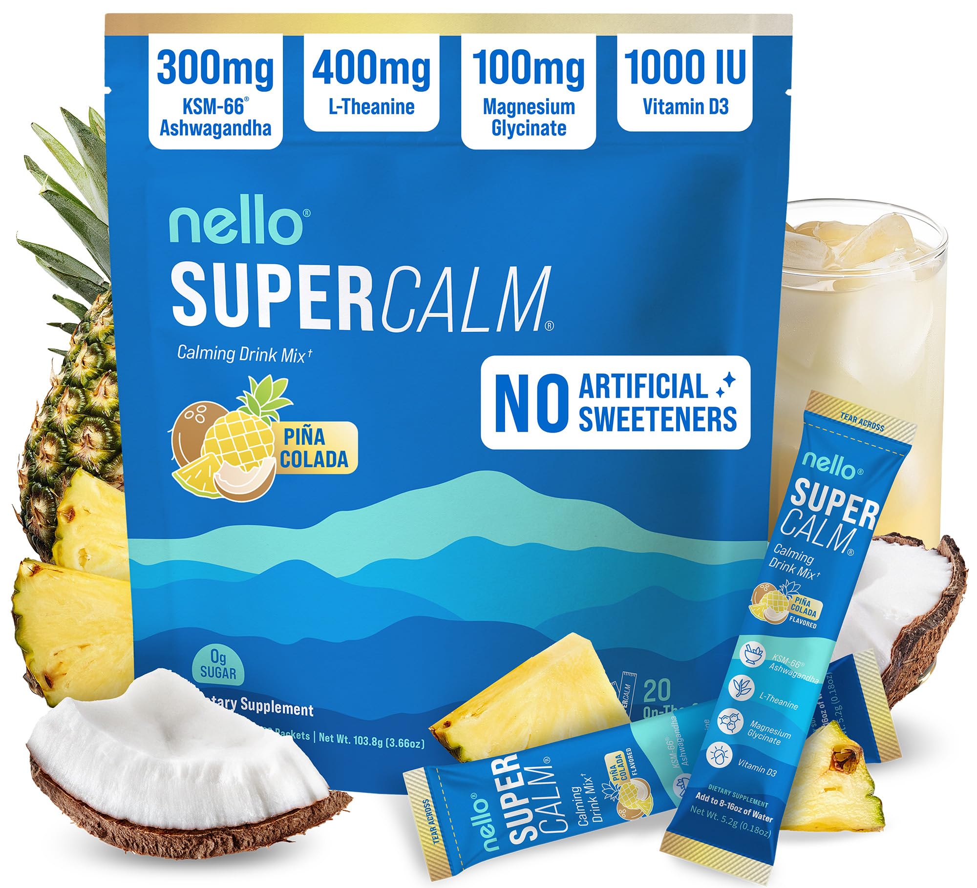 Nello Supercalm Powdered Drink Mix, Cortisol Reducer* and Sleep Aid Supplement, L Theanine, Ksm-66 Ashwagandha, Magnesium Glycinate, Vitamin D 3, No Sugar, Non GMO, On The Go, 20 Ct, Pina Colada