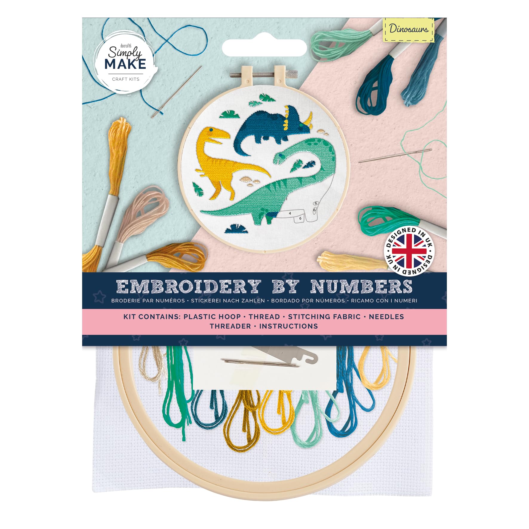 Simply Make Embroidery By Numbers, Dinosaurs, Multicoloured, Single Craft Kit, Stitch and Sewing Kit that Includes Embroidery Threads, Craft Kits for Adults UK, Embroidery Kit with Embroidery Hoop