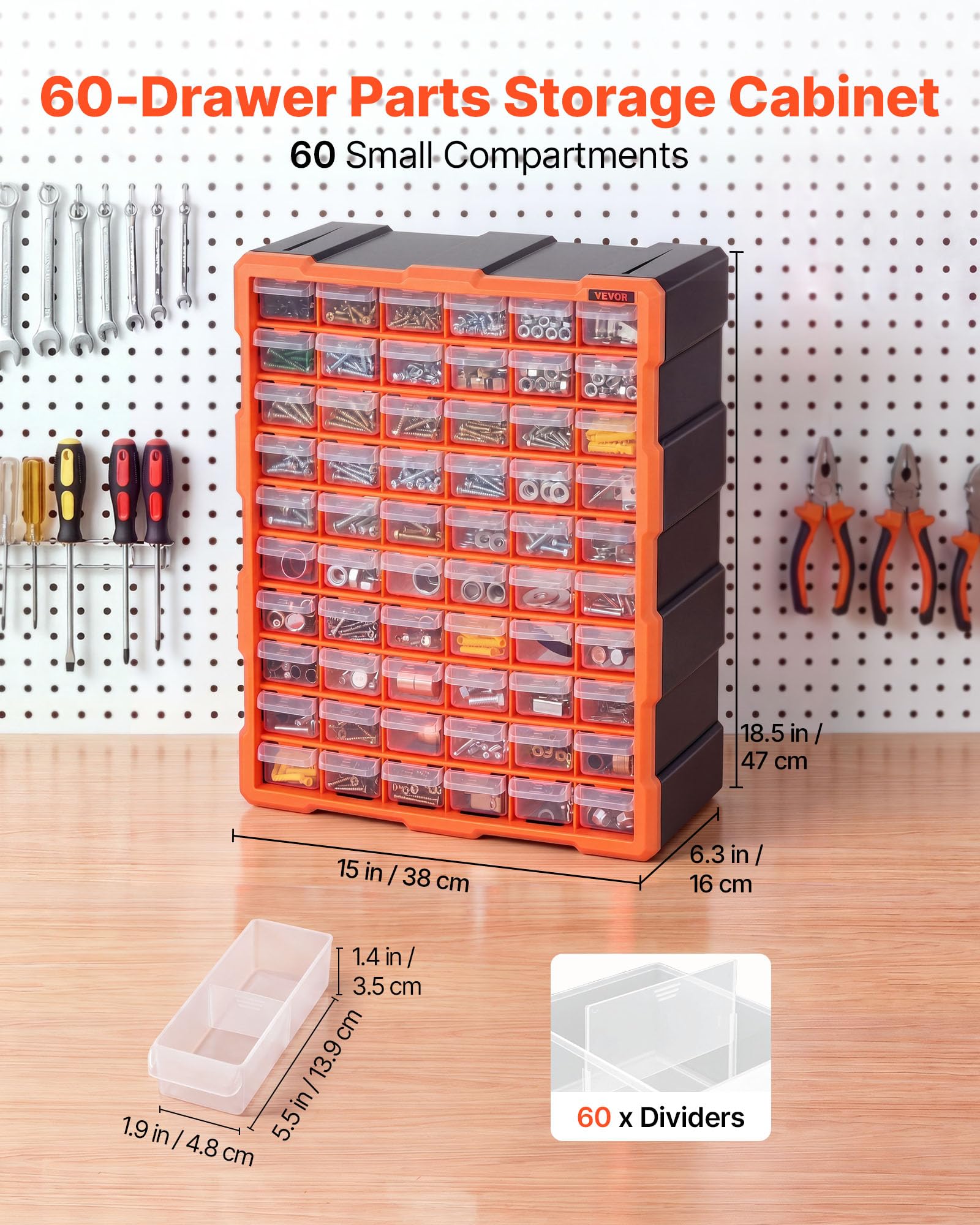 VEVOR Organizer per Minuteria a 60 Cassetti, Cassettiera Porta Minuteria Impilabile, Contenitore da Parete per Viti, Bulloni, Ferramenta e Componenti, in Plastica, Ideale per Garage, Casa e Officina