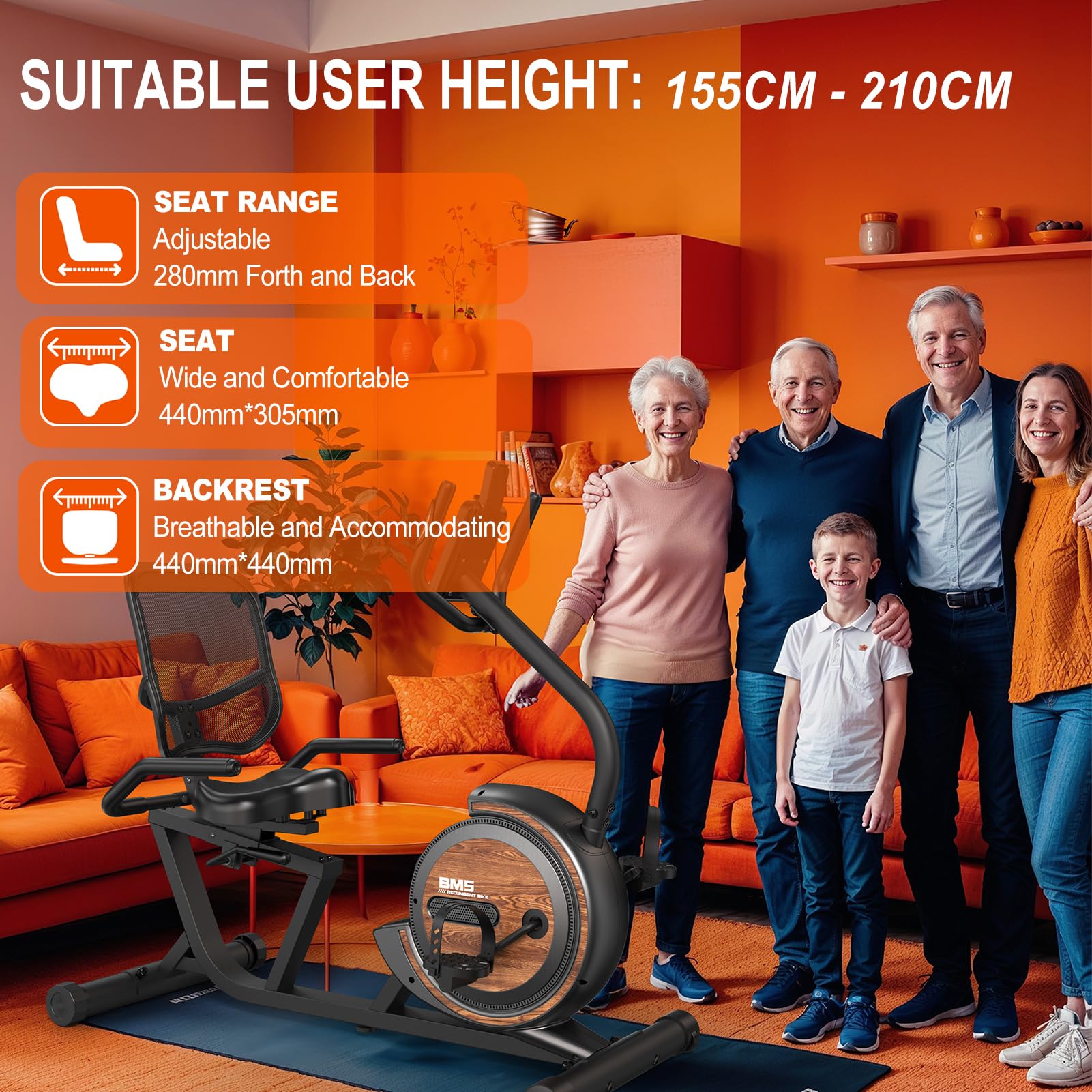 BM5 Liegeergometer - 150kg belastbar, für Zuhause, Fitness & Rehabilitation - 16 magnetische Widerstandsstufen, selbstleuchtendes Display, Bluetooth - Liegefahrrad Heimtrainer