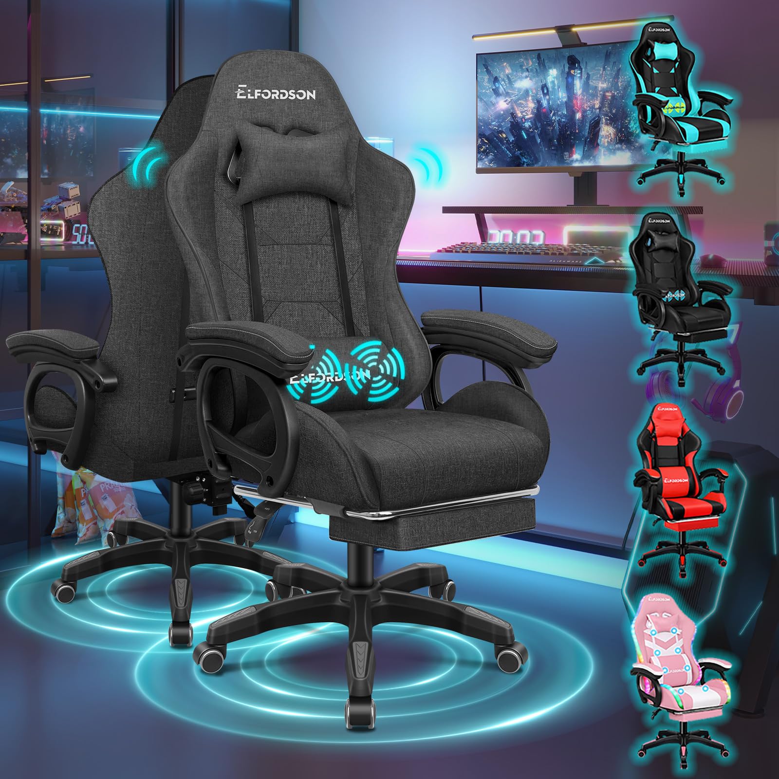 ELFORDSON Gaming Chair with 2-Point Massage Lumbar Support, Computer Chairs for Home Office, Head Pillow High Back 151° Recliner, for Kids Adults, Fabric Linen, Dark Grey — image 1
