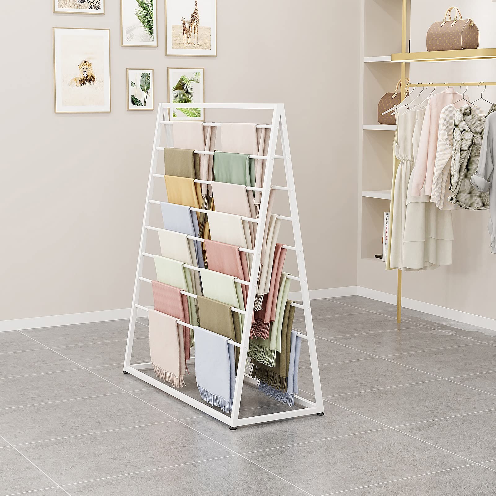 UWYTGF Floor Standing Scarf Holder,Double-Sided Multi-Purpose Collect Rack for Headcloth/Blanket/Ribbon/Shawl,Heavy Duty Iron,with Non-Slip Feet Pads,White,Length,120Cm/47.2In