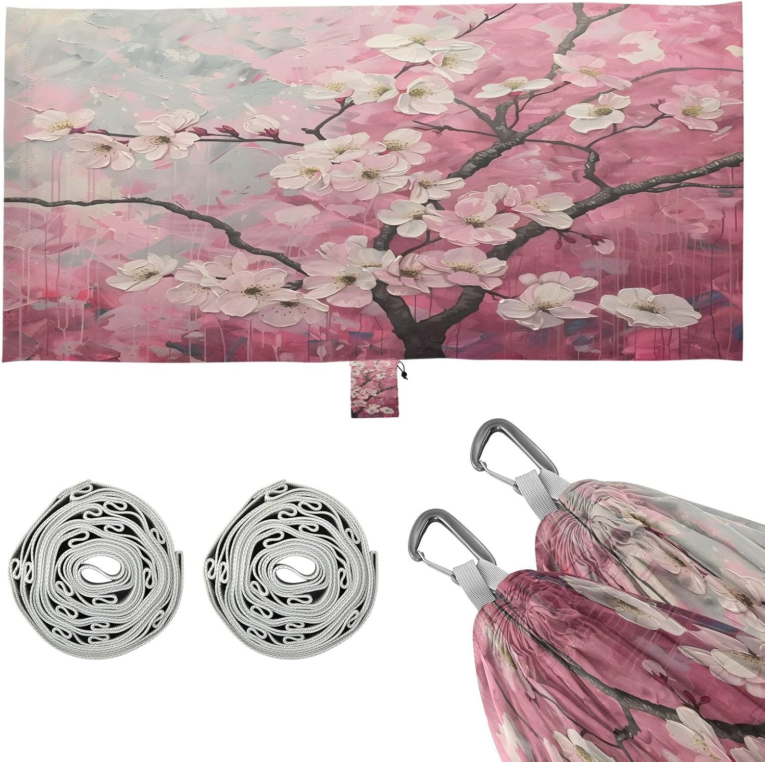 ALAZA Cherry Blossom Flower Floral Painting Camping Hammocks Single or 2 Person 500 lbs Portable Parachute Travel Hammock w/Tree Straps for Hiking Backpacking Indoor Outdoor