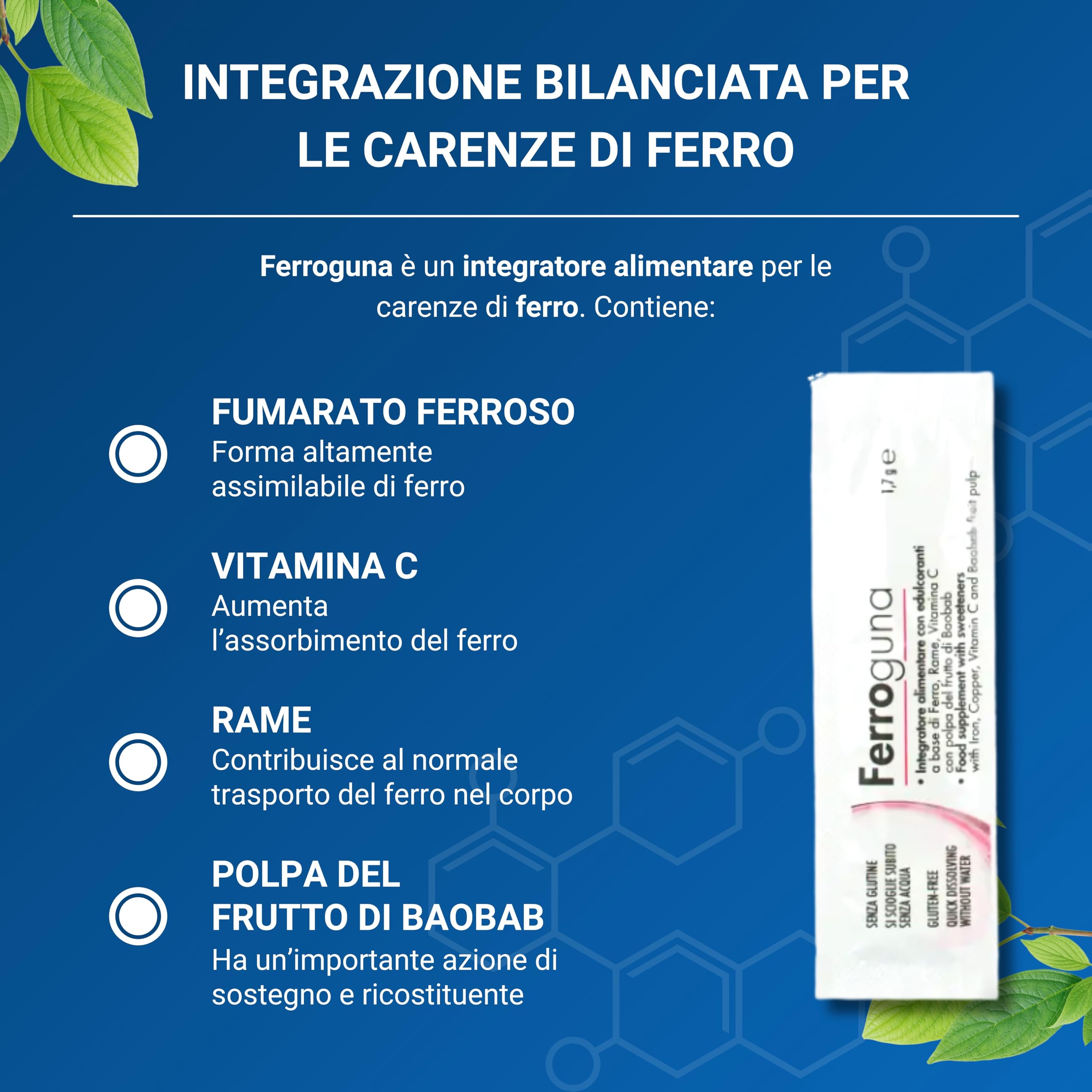 GUNA Ferroguna 28 Bustine Orosolubili - Integratore Alimentare a Base di Ferro, Rame, Vitamina C, con Polpa Disidratata del Frutto del Baobab