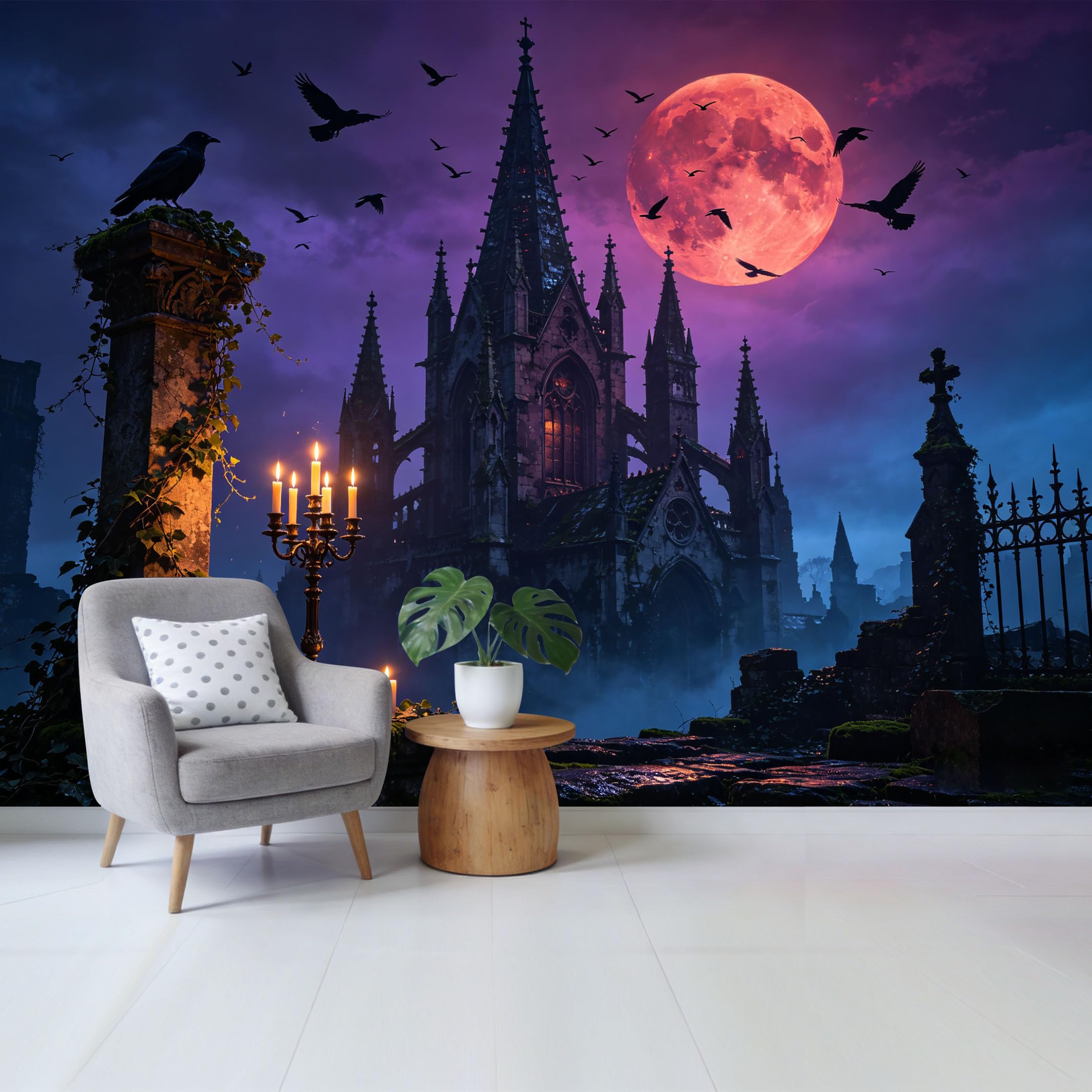 Qzlithotic Yq2605250255 Custom Size Wall Mural Gothic Cathedral Red Moon Raven Candelabra Silhouette Selfadhesive Wall Fabric Removable Wallpaper For Home Office Decor