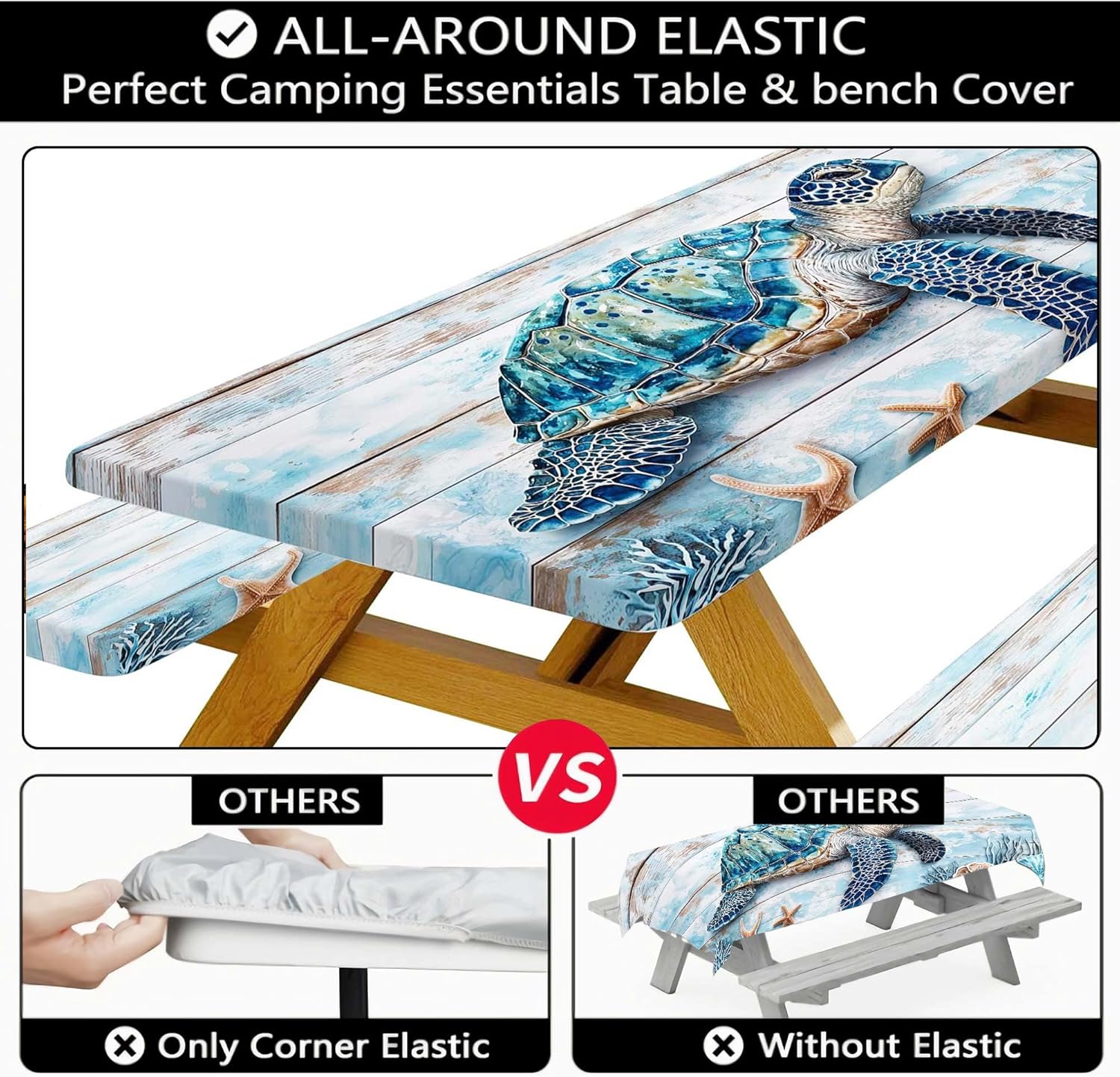 Picnic Table Cover with Bench Covers, Waterproof Windproof Fitted Outdoor Tablecloth with Elastic Rectangle Table Camping Must Haves Rv Accessories, 72in, Blue Wooden