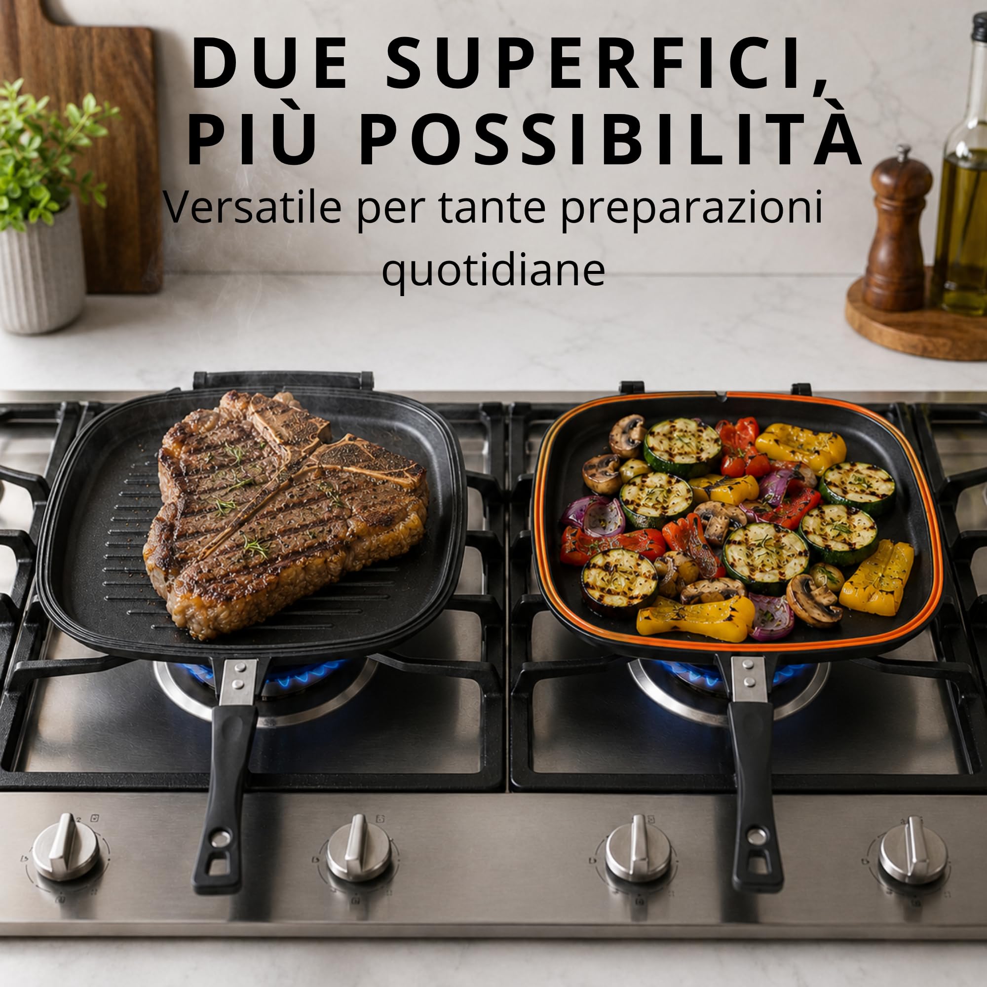 Stone&Stone Doppia Griglia Bistecchiera Rettangolare 32 x 25 cm, Padella Fornetto Antiaderente Ceramica Tedesco, 2 Piastre Separabili, Induzione Gas, Chiusura Ermetica, con Pinza, Senza PFAS PTFE PFOA