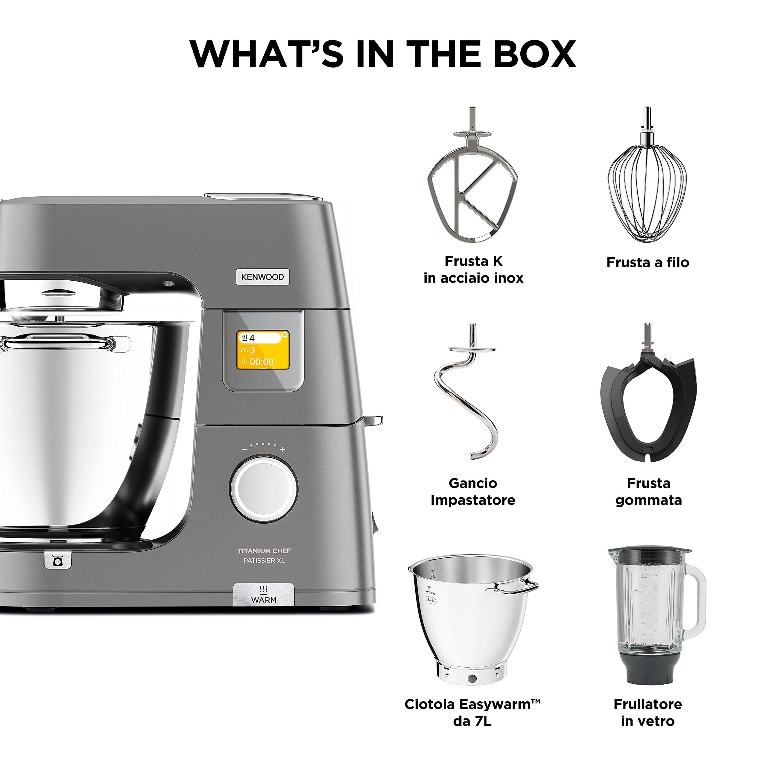 Kenwood KWL90.034SI Impastatrice Planetaria Titanium Chef Patissier XL con Ciotola EasyWarm da 7 L, Bilancia integrata, Potenza 1400W e Frullatore, Illuminazione in Ciotola, Argento