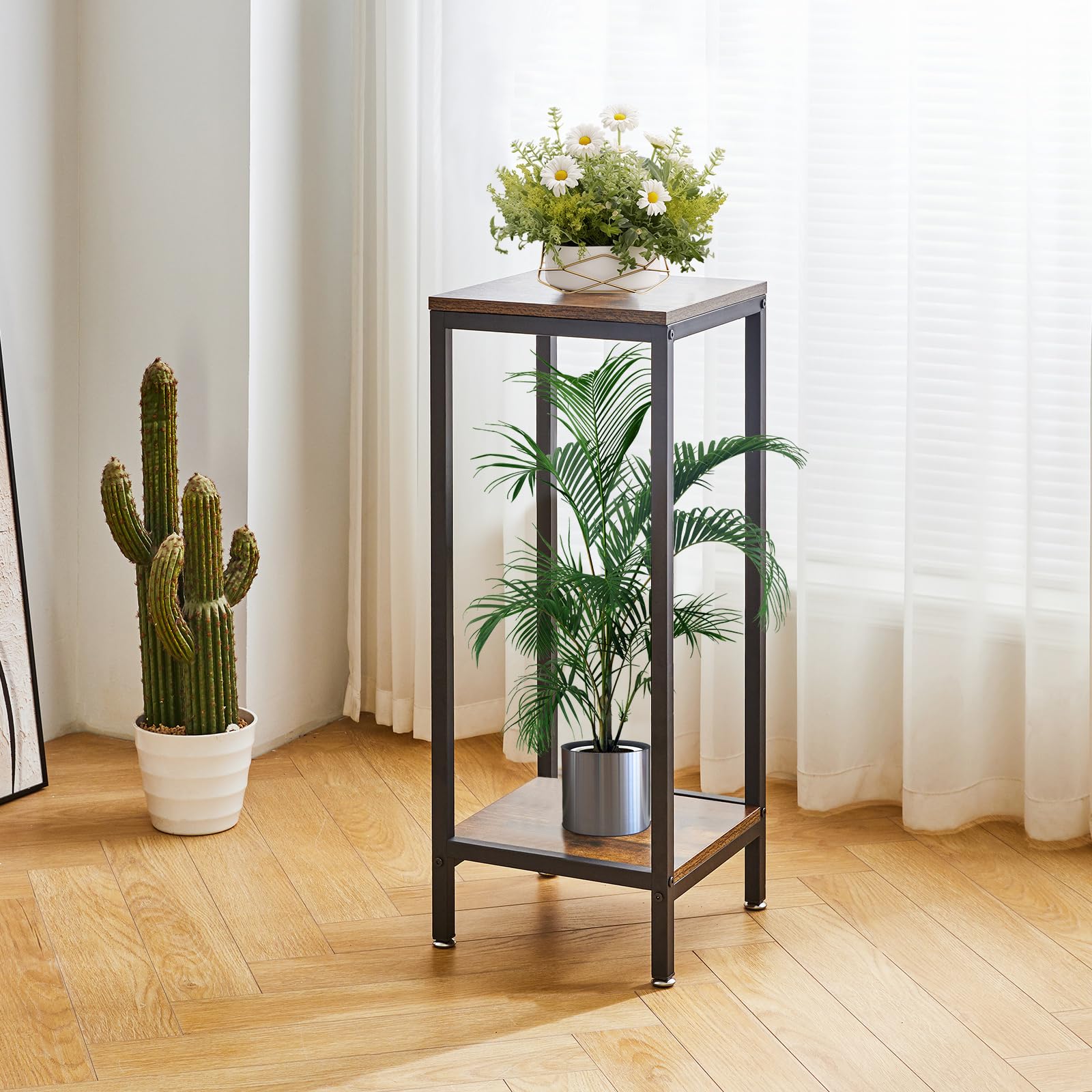 IBUYKE 2 Niveles de Soporte para Plantas para Interior, 76cm de Altura Soporte para Macetas de Madera, Cuadrado Soporte para Plantas para Interior Jardín Balcón, Marrón Rústico TMJ071H