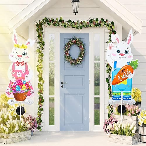 Miniatura 5 de Landhoow Decoraciones solares de conejo de Pascua para exteriores, letreros de metal con estacas de 41 pulgadas, luces de estaca de conejo de Pascua