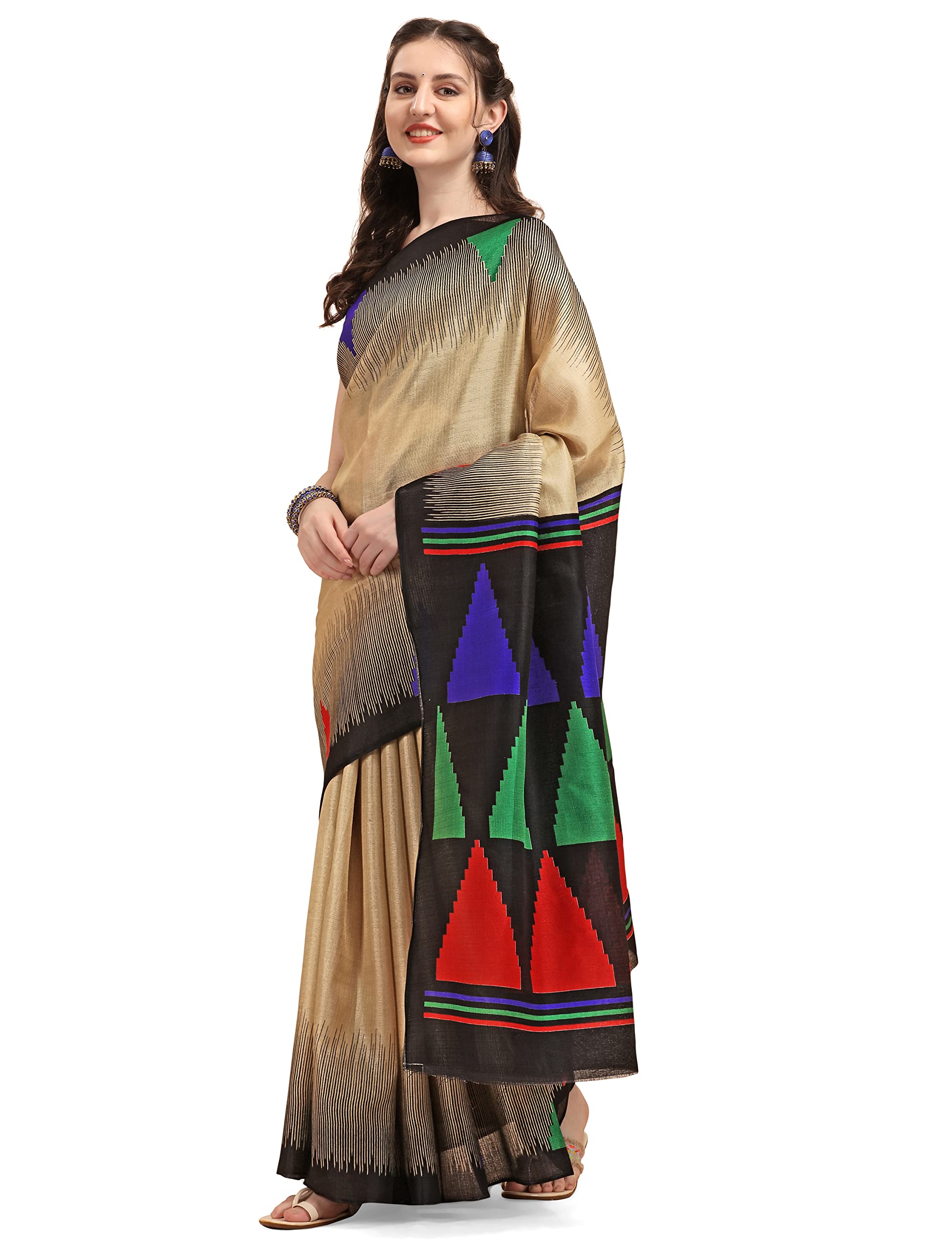 Ethnic JunctionWomen's Art Silk Printed Saree with Unstitched Blouse Piece, Beige & Black, 5.5m