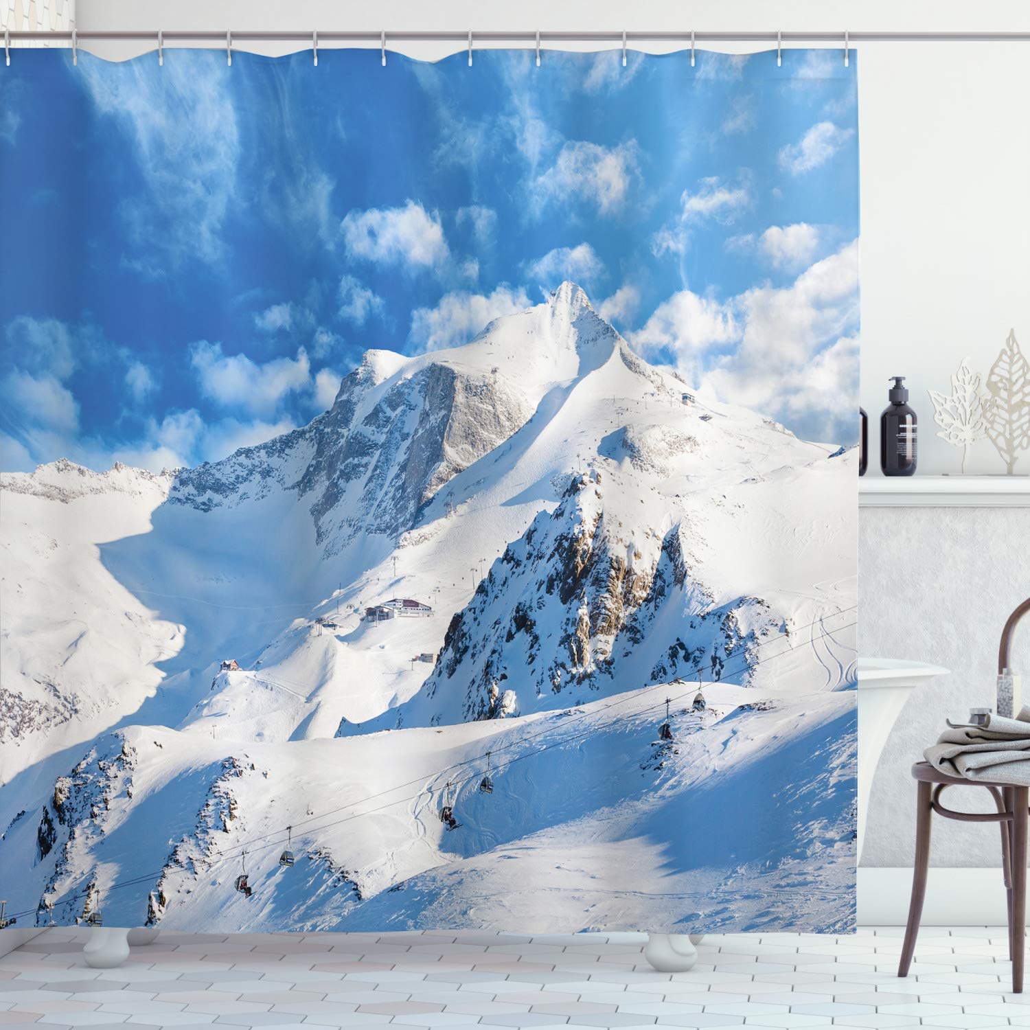 AmbesonneAmbesonne Mountain Shower Curtain, Mountain Landscape Ski Slope Winter Seasonal Sport Telfer and Snowboarding Image, Cloth Fabric Bathroom Decor Set with Hooks, 70" Long, White Blue