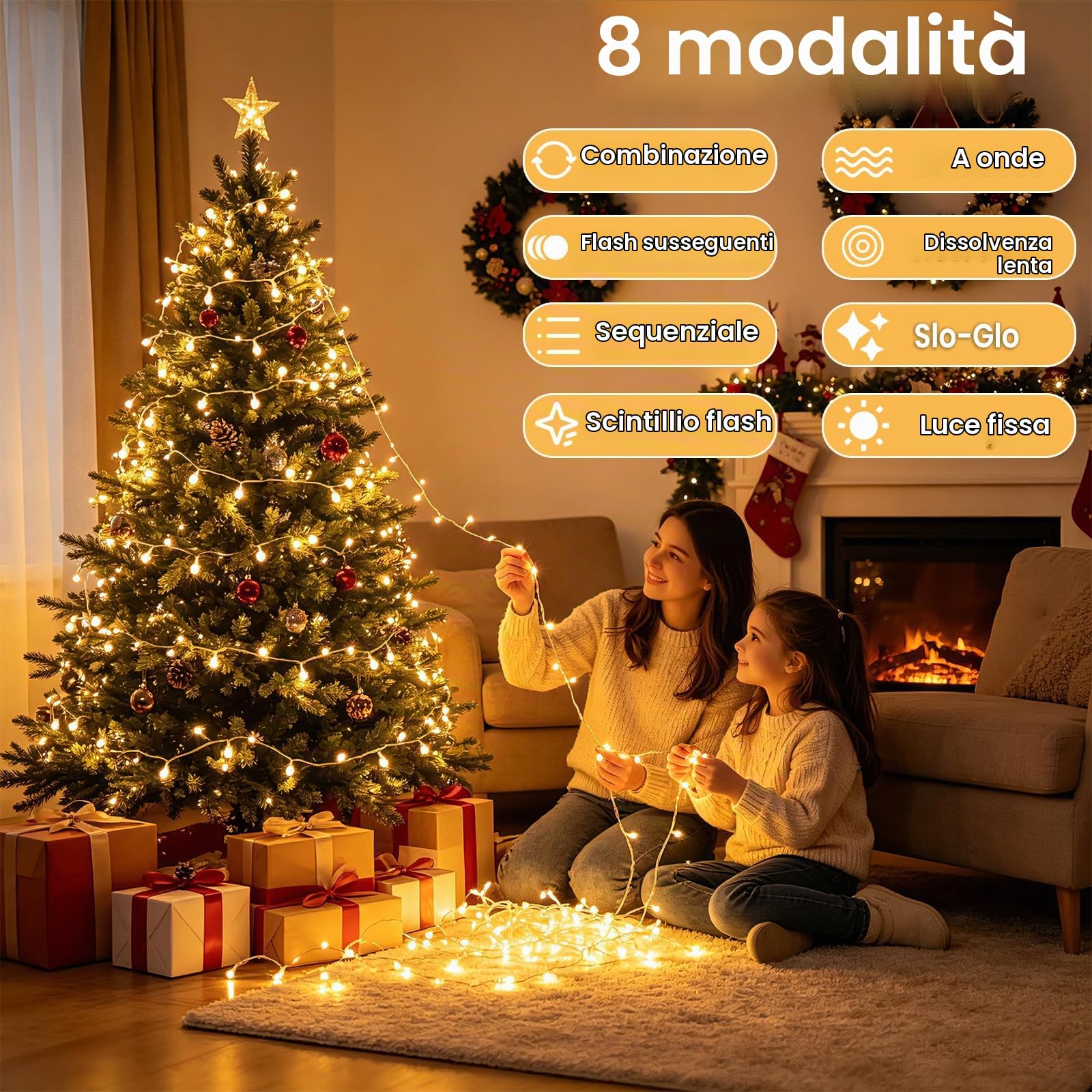Catena luminosa esterno 100m 800LED catena luminosa albero di natale alimentato (31V) con timer, memoria, 8 modalità, IP44 impermeabile per di Natale Halloweendi Pasqua, bianco caldo