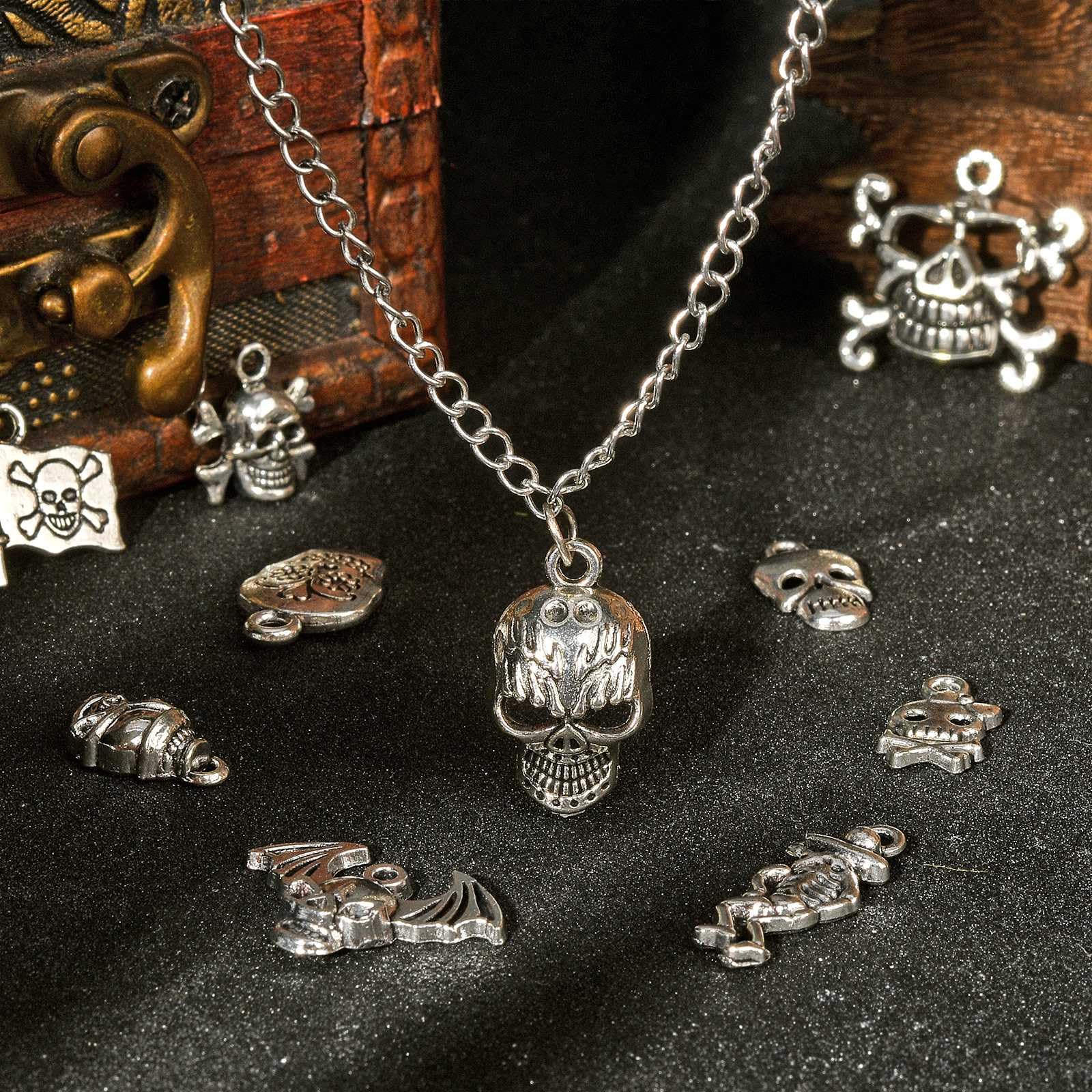 Stiesy 100Pcs 10 Styles Antique Silver Tibetan Style Skeleton Charms - Vintage Gothic Skull for DIY Halloween Jewellery Making Crafts - Image 4