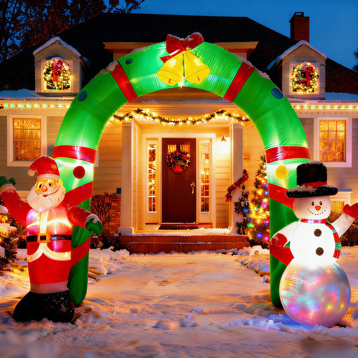 CypherX 8FT Lighted Christmas Inflatable Archway,Christmas Inflatable Santa Snowman Arch Outdoor Decorations Blow up with Rotating Lights, Giant Yard Decoration with LED Blower for Lawn Patio Party