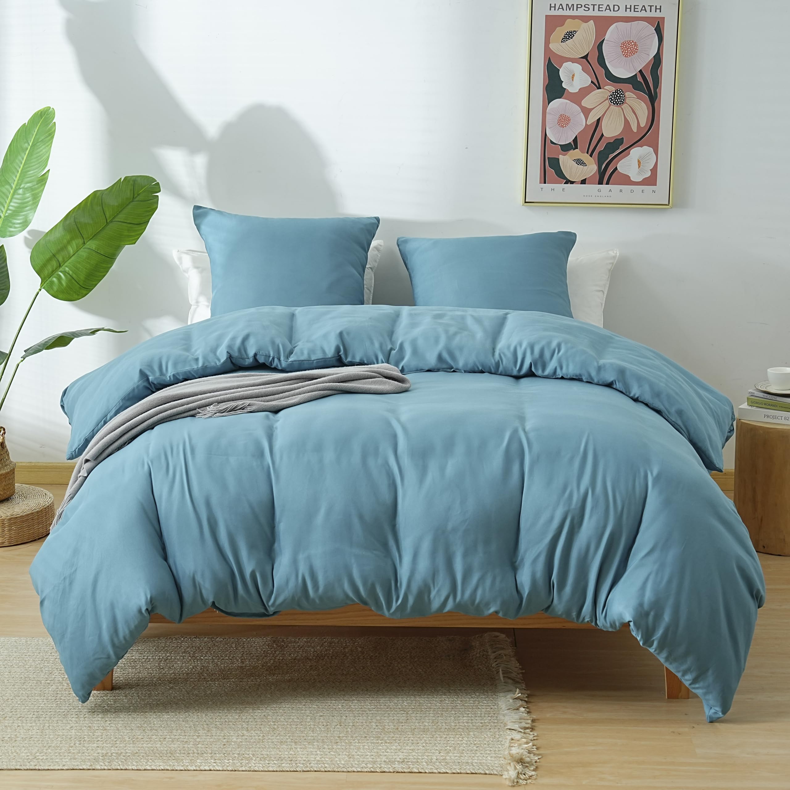 Parure de lit bleu lac infroissable housse de couette 200x200 drap housse grand bonnet