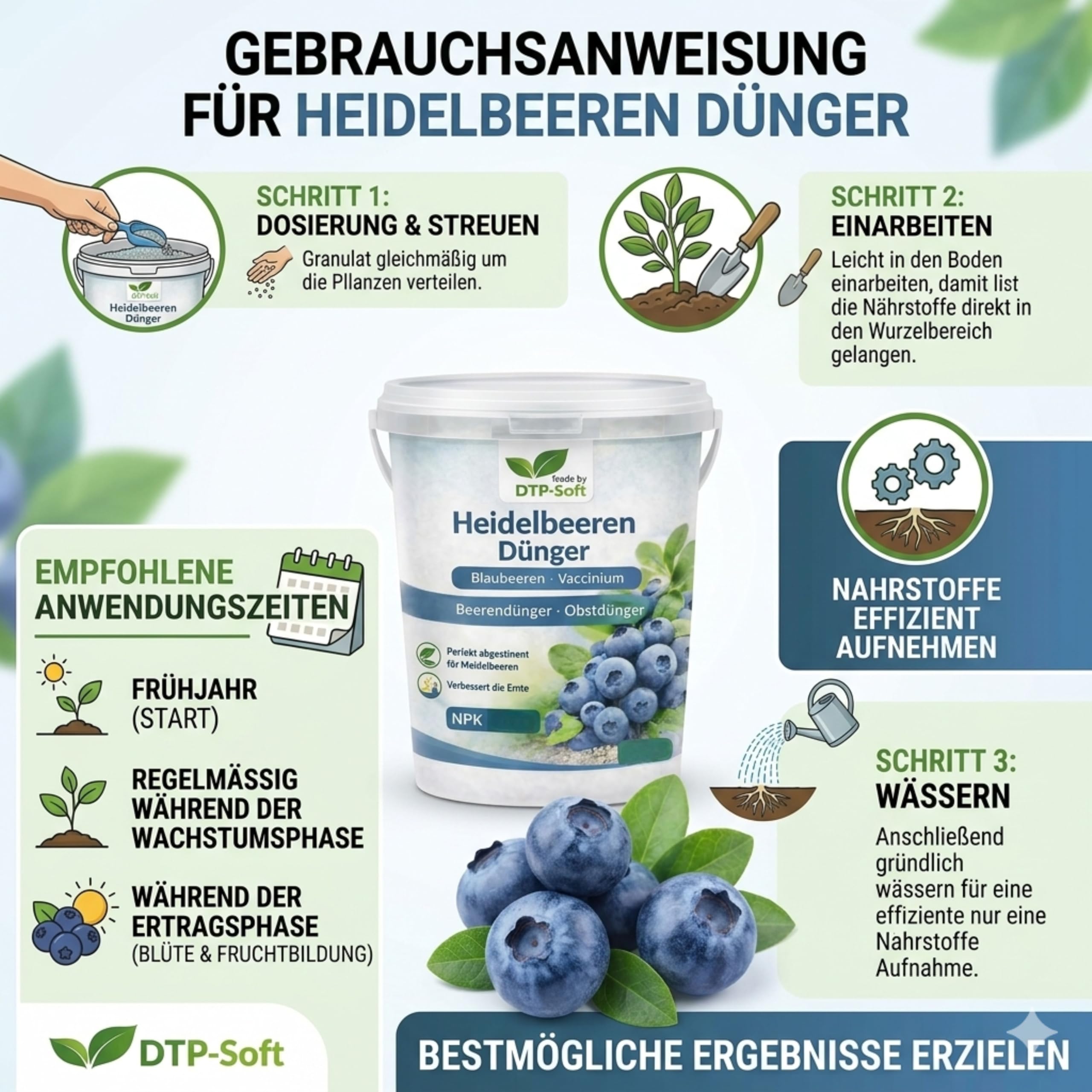 Heidelbeerdünger 5kg Eimer - Heidelbeeren Dünger für Blaubeeren, Vaccinium und Moorbeetpflanzen - Premium NPK Dünger für bis zu 125 m² - für kräftige Wurzeln, starke Pflanzen und aromatische Früchte