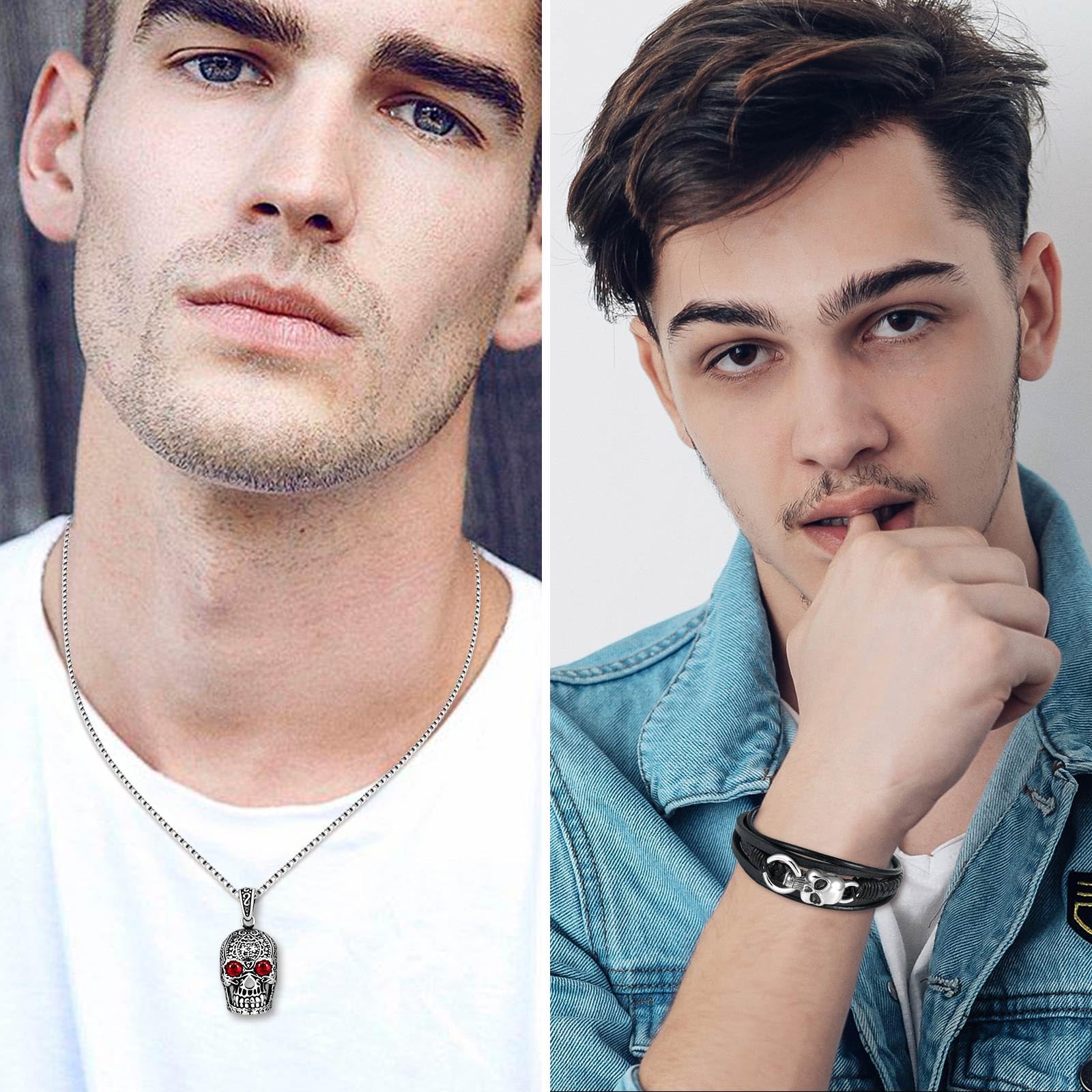 Colliers Pendentif Tête de Mort avec Zircon Rouge en Acier Inoxydable Hommes Garçons Vintage Bracelets Tressé en Cuir Multicouche de Face de Fantôme pour Adolescents Bijoux Parures
