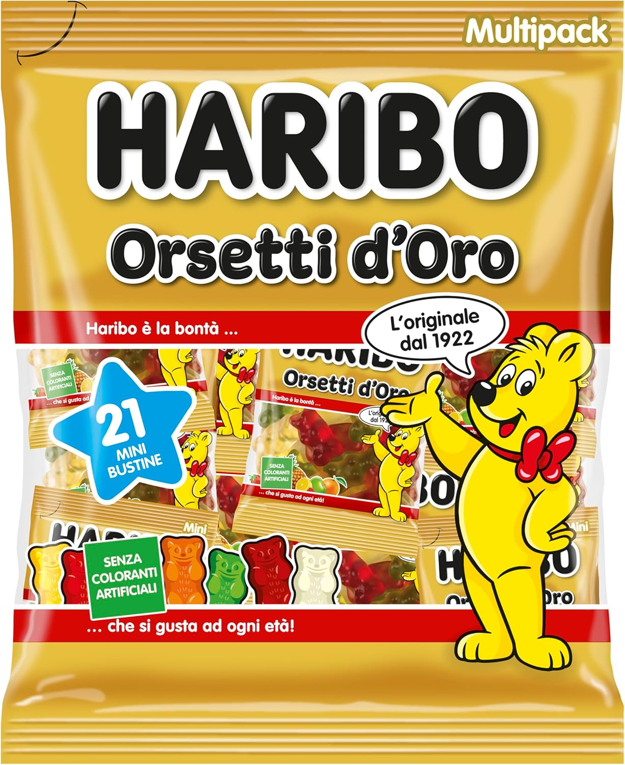 Haribo Orsetti D'Oro Multipack, 21 Mini Bustine Da 12gr, Caramelle Gommose, Gusto Frutta, Ideali Per Una Festa Di Compleanno - 250gr