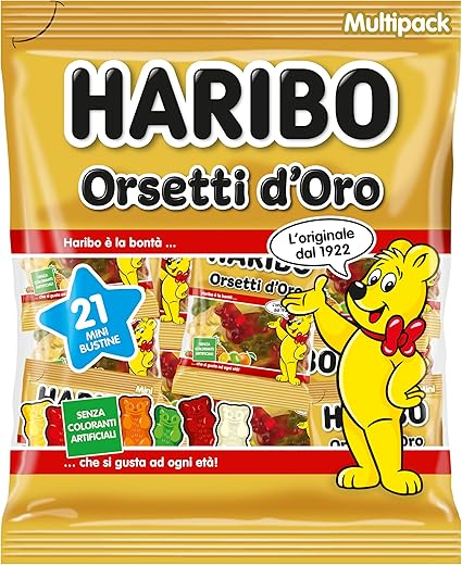 Haribo Gold Bears Multipack, 21 Mini Sachets of 12 g, Gummy Candy, Fruit Flavour, Ideal for a Birthday Party – 250 g