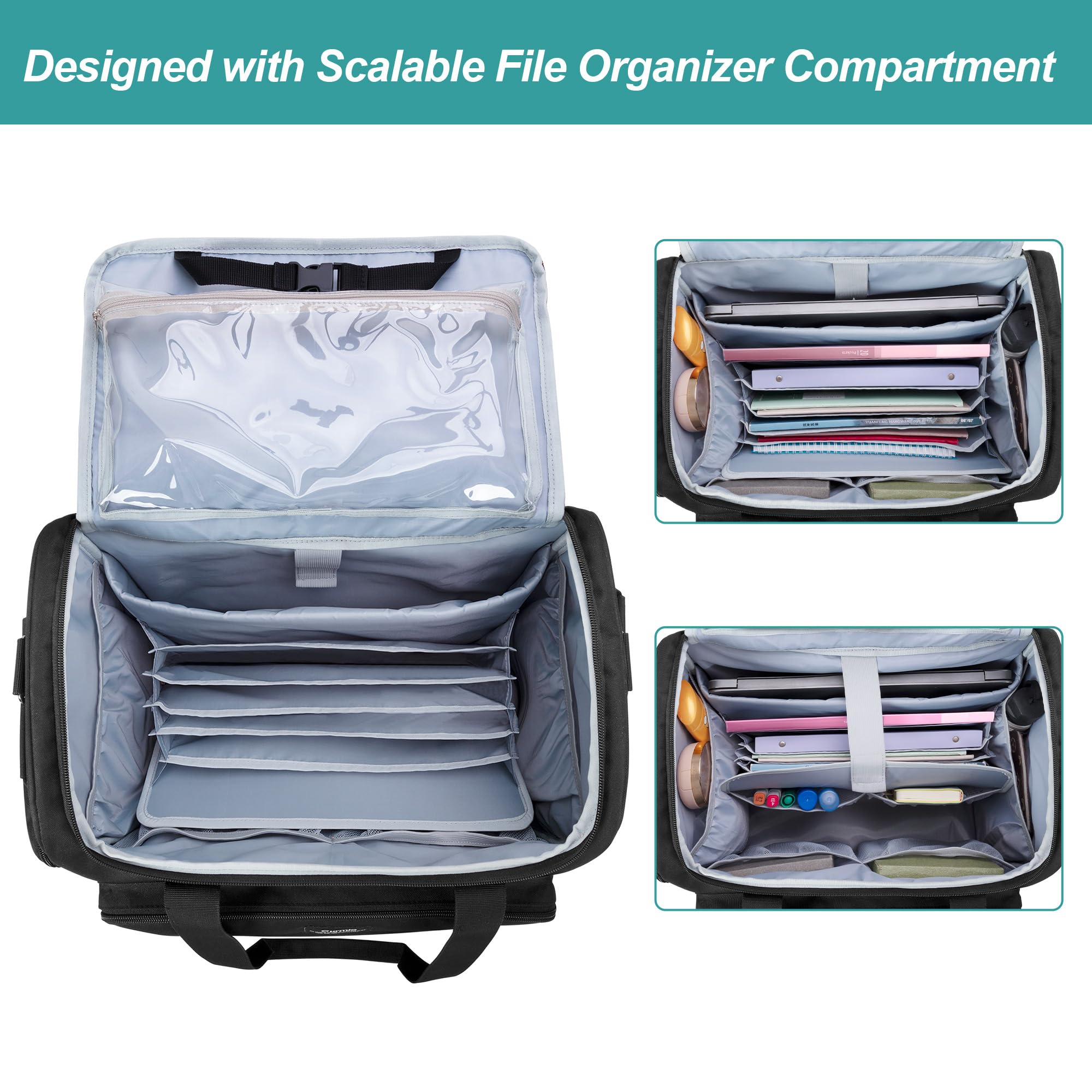 CURMIO Bolsa de Profesora con Ruedas, Bolso Trolley para Maestra con Organizador de Archivos Expandible, Negra (Diseño Patentado)