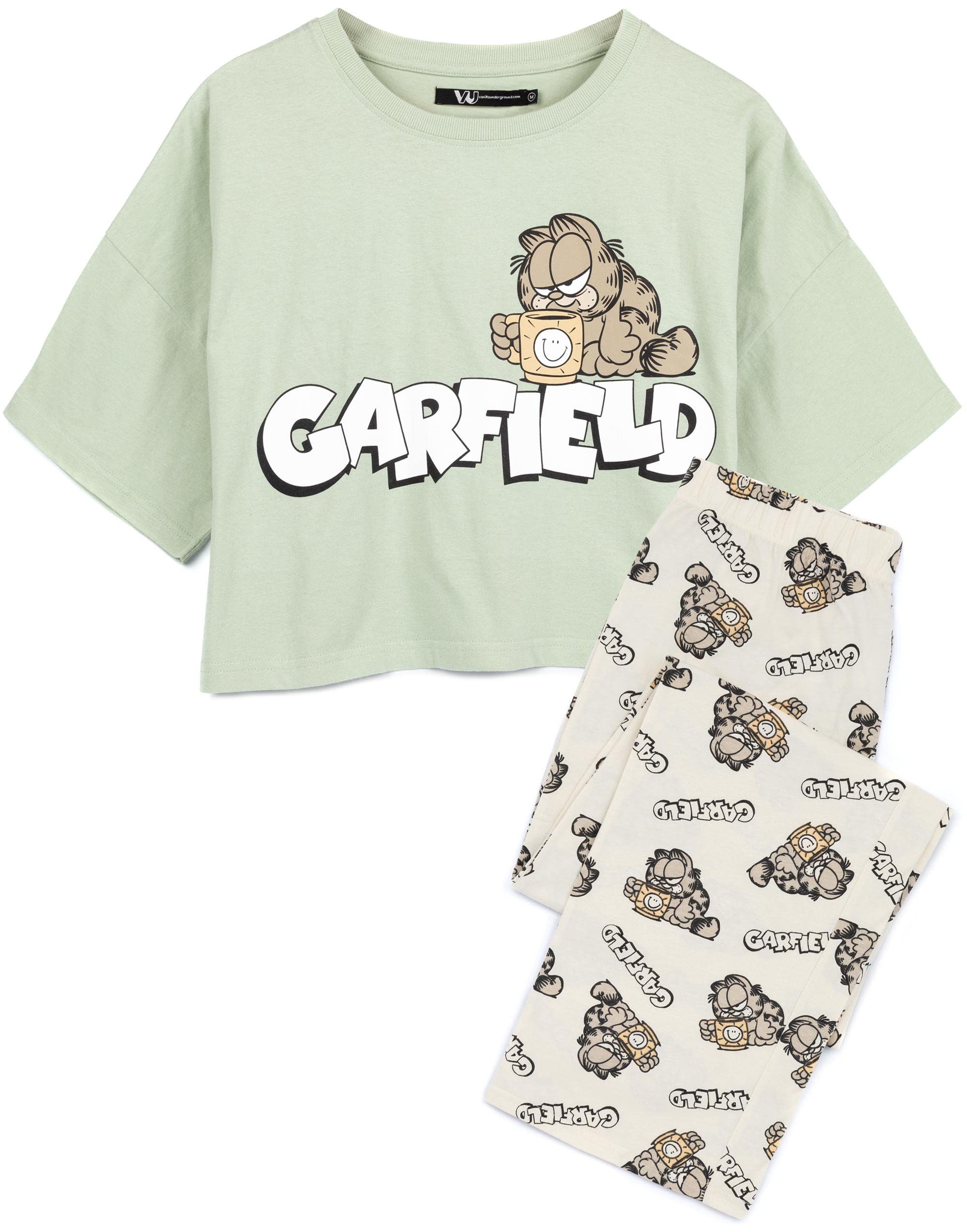 GarfieldWomen's Pyjamas | Adults Ladies Lazy Tabby Cat Green T-Shirt with Cream Long Bottoms Pjs | Movie Merchandise