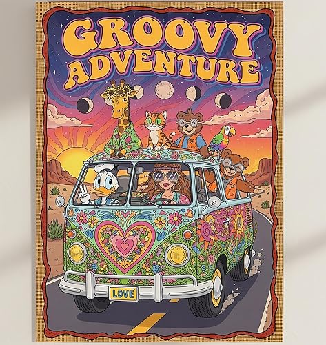Dekomundo Groovy Adventure Hippie Van Poster  Retro Psychedelic 70s Art Print  Colorful VW Bus Cartoon Animals & Characters  Bohemian Room Decor disponible en Yaxa Colombia
