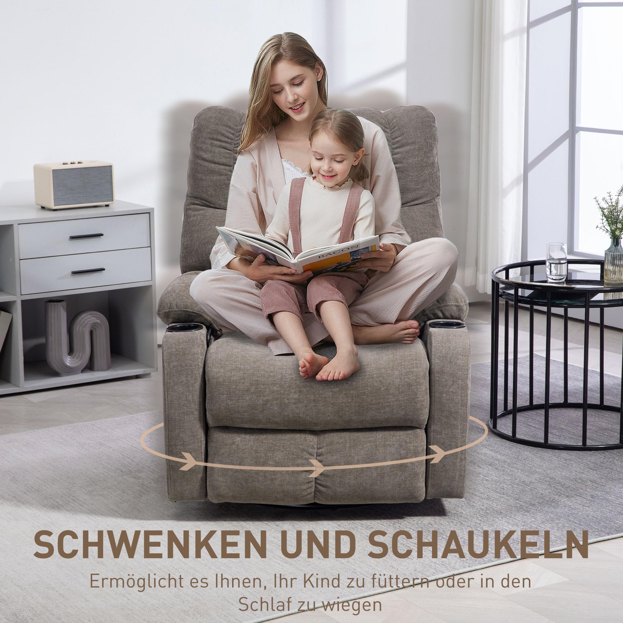 HOMCOM Relaxsessel mit Liegefunktion, Verstellbarer Rückenlehne, Hellbraun