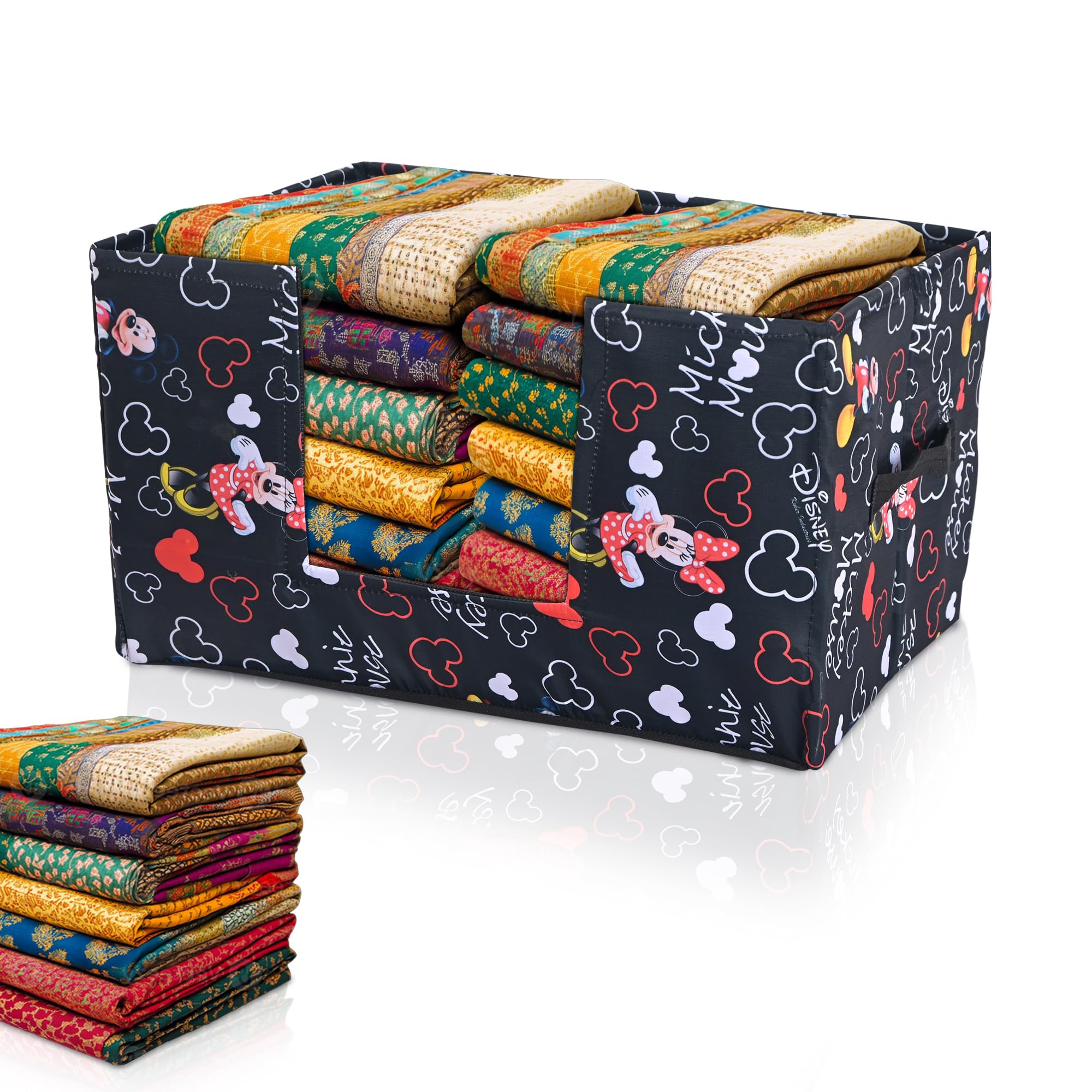 Kuber Industries Cloth Organizer for Storage Wardrobe | Closet Storage Organizer with Handle | Drawer Saree Box Organiser with Handle | Folding Storage Box for Clothes | Disney Mickey | Black
