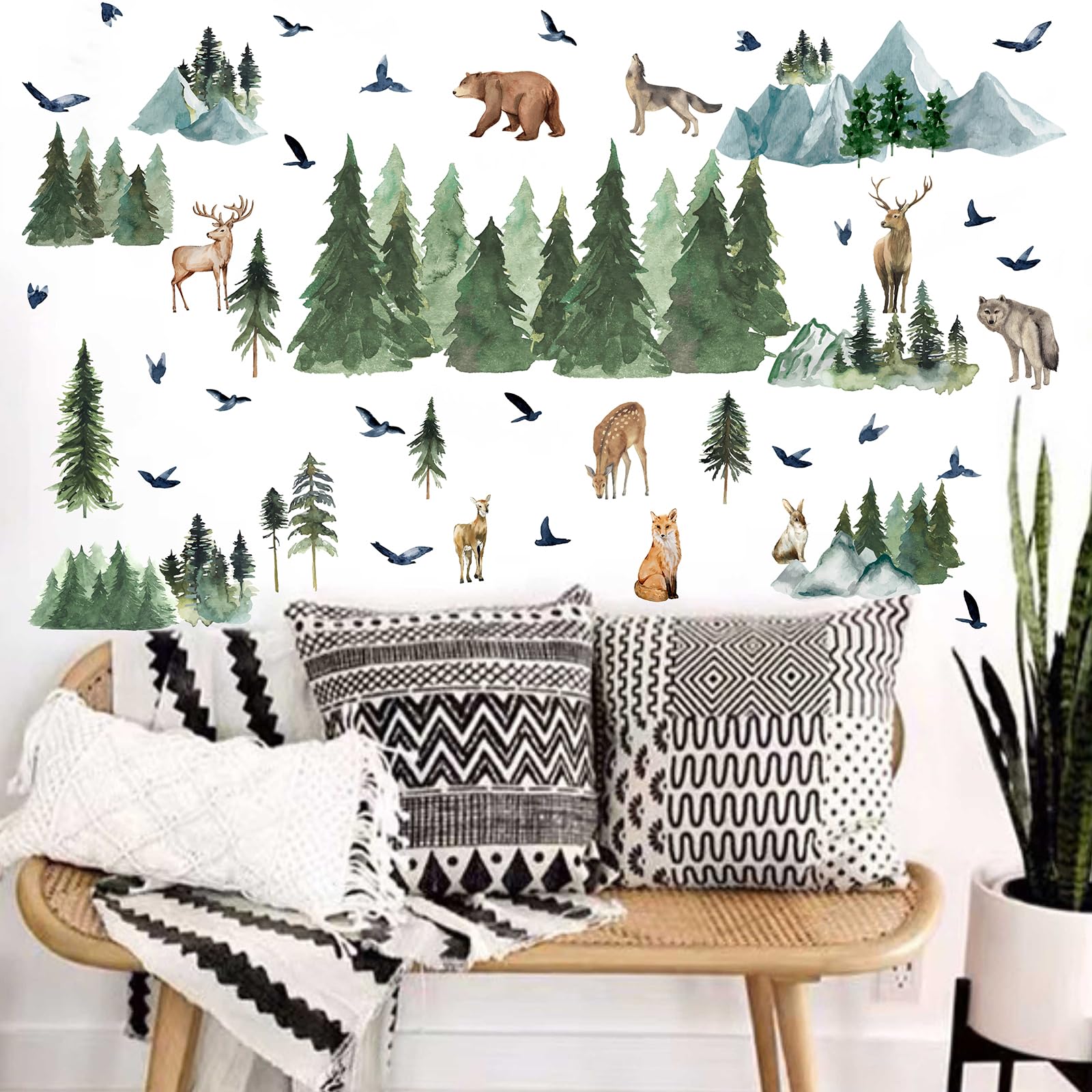 MOSITU Woodland Animal Wall Stickers 49 Pcs 2 Sheets Watercolour Forest Decals with Pine Trees Bear Deer Fox for Kids Bedroom Nursery Decor - Image 2