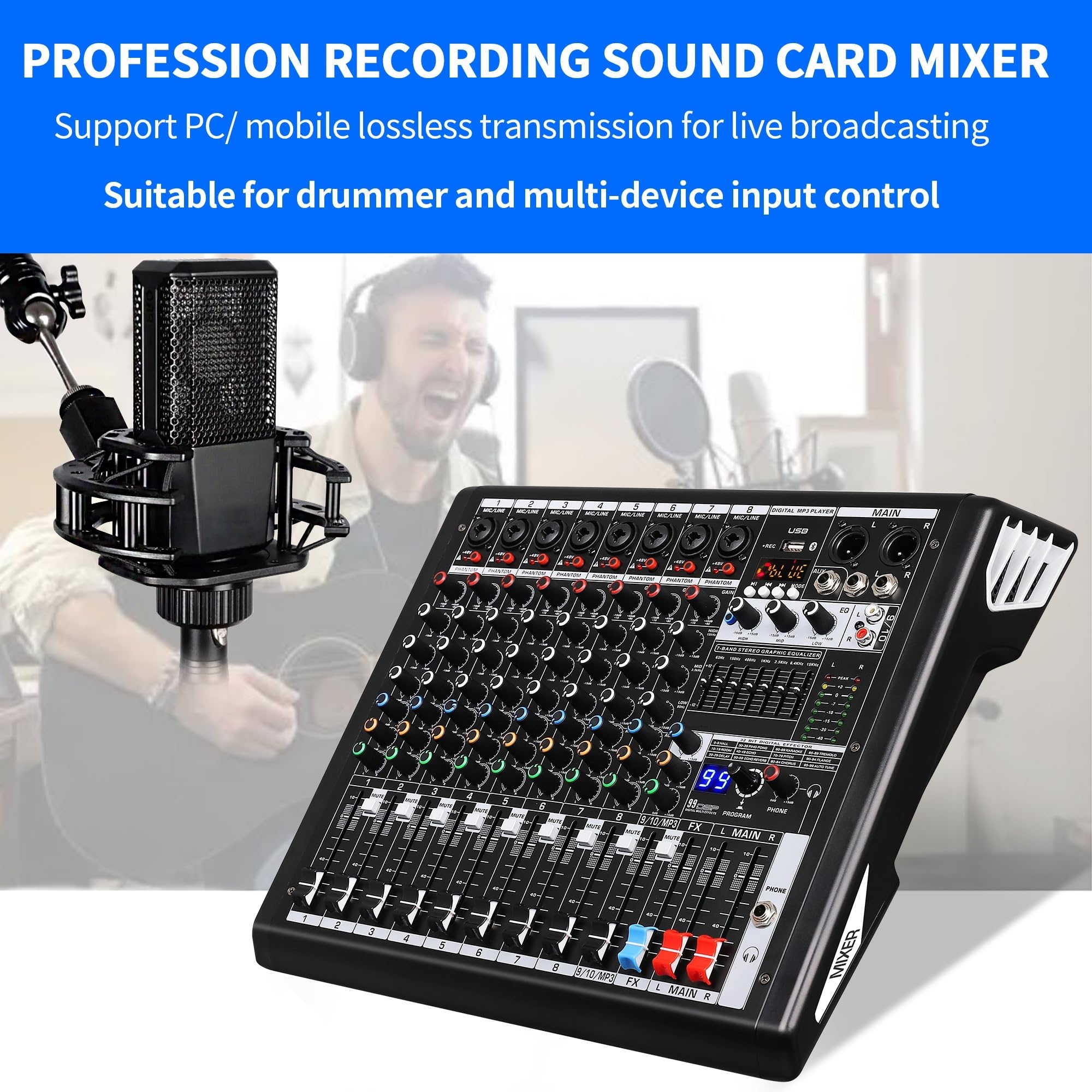 S-10 Dj Mixer Professionale 10 Canali con Lettore MP3 Mixer Digitale 99 DSP ed Effetti