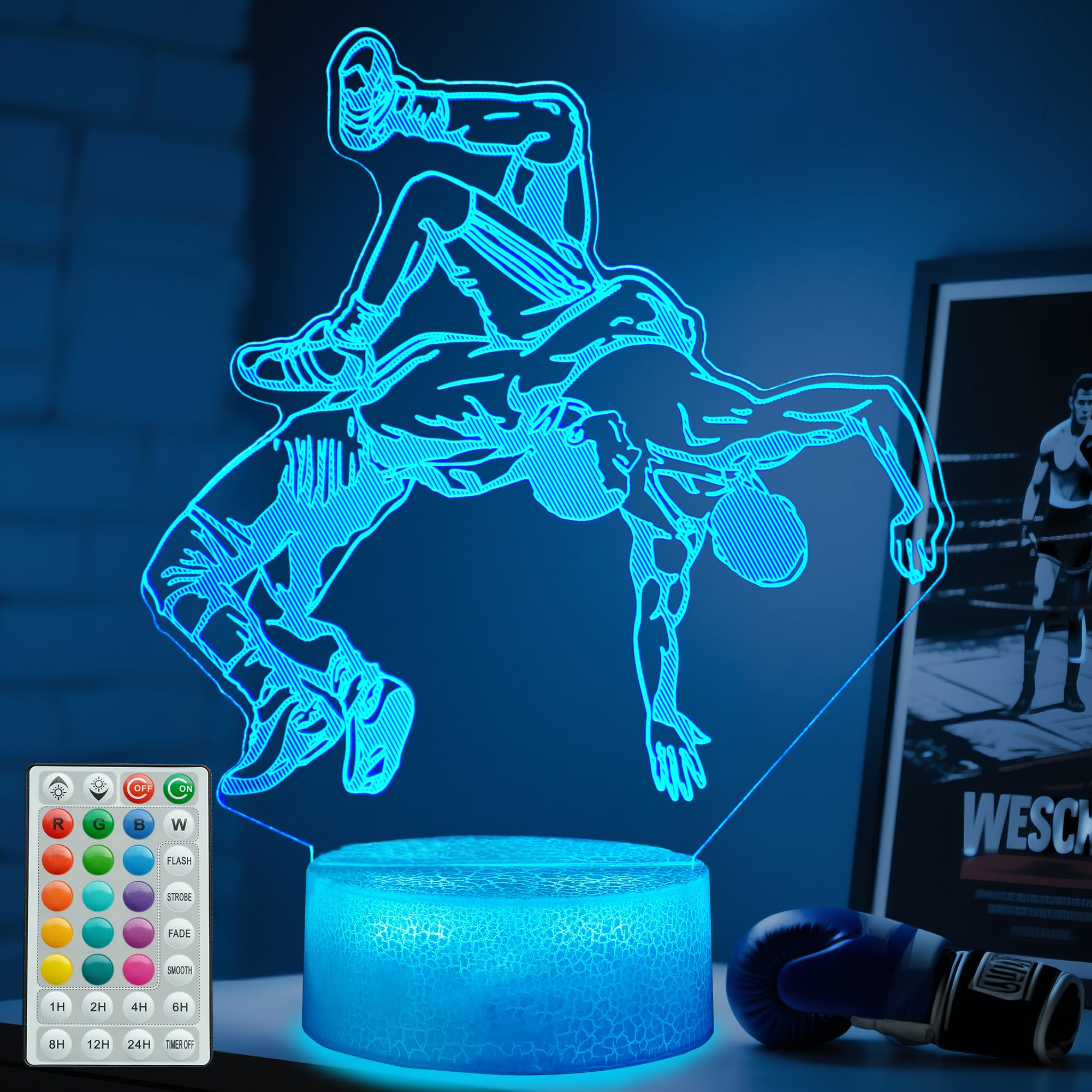 POSSHE Wrestling Night Light, Wrestler Gifts, Wrestler 3D Illusion Lamp with 16 Colors Changing, Remote Control and Dimmable, Kids Boys Girls Room Decoration, Holiday Xmas Gifts