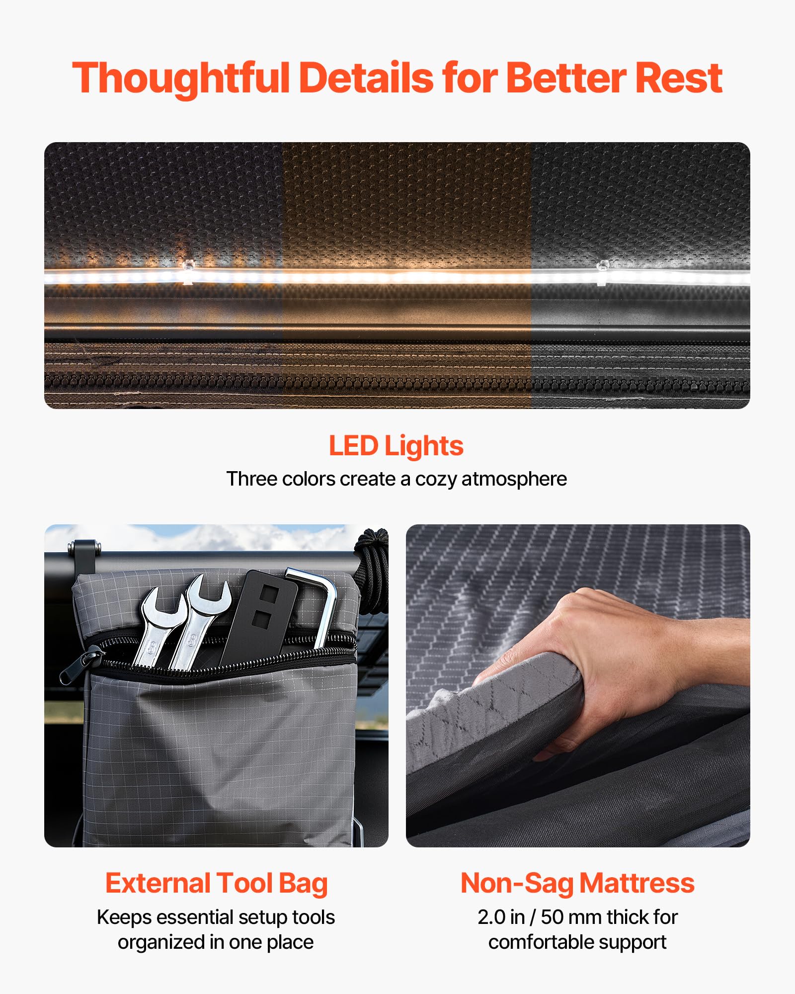 VEVOR Namiot dachowy samochodowy, namiot dachowy z twardą skorupą dla 2–3 osób, na kemping przyczepa kempingowa SUV, aluminiowy, wodoodporny i wiatroszczelny, z trójkolorowym oświetleniem LED i grubym