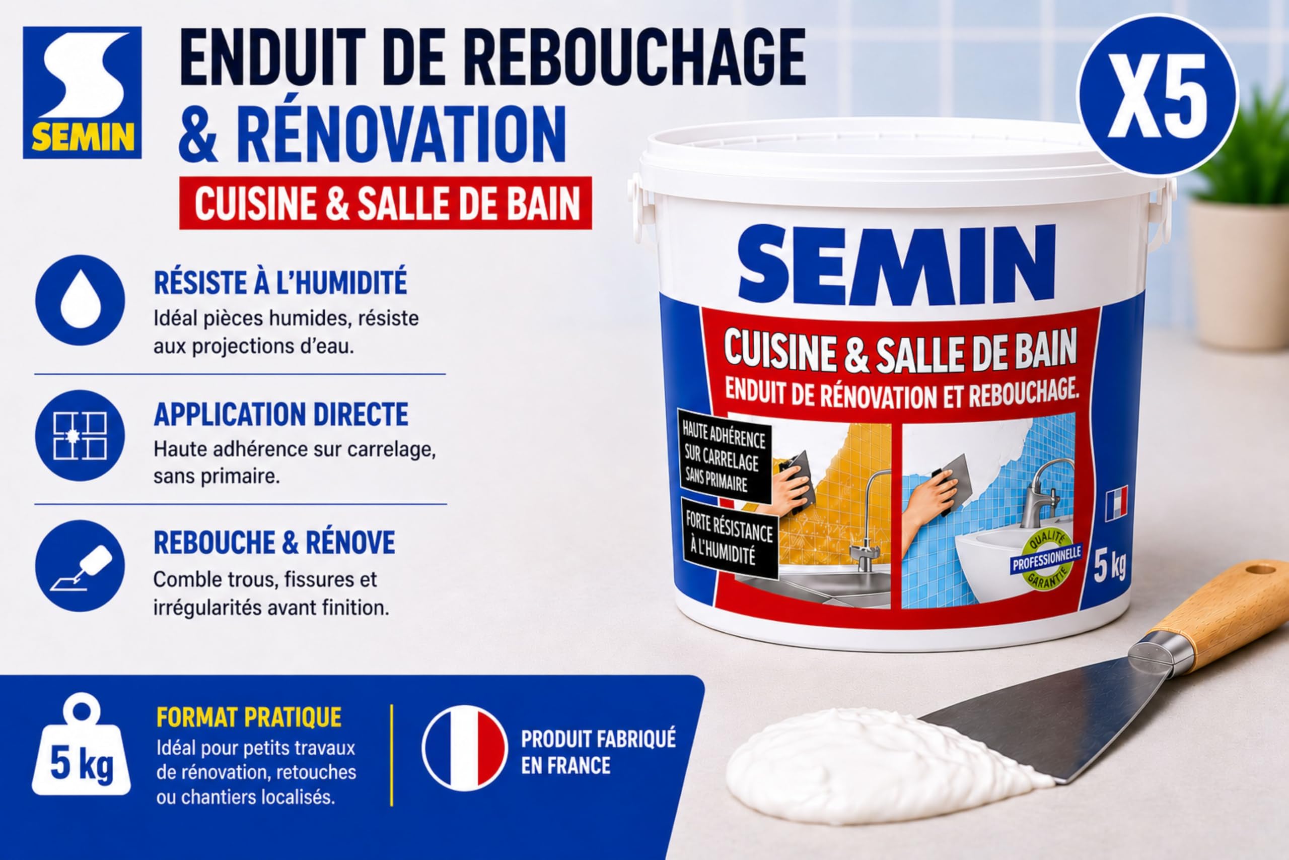 SEMIN Enduit de Rebouchage & Rénovation Cuisine et Salle de Bain 5kg – Enduit Prêt à l’Emploi, Haute Adhérence sur Carrelage sans Primaire, Résistant à l’Humidité, Murs Intérieurs - Lot de 5