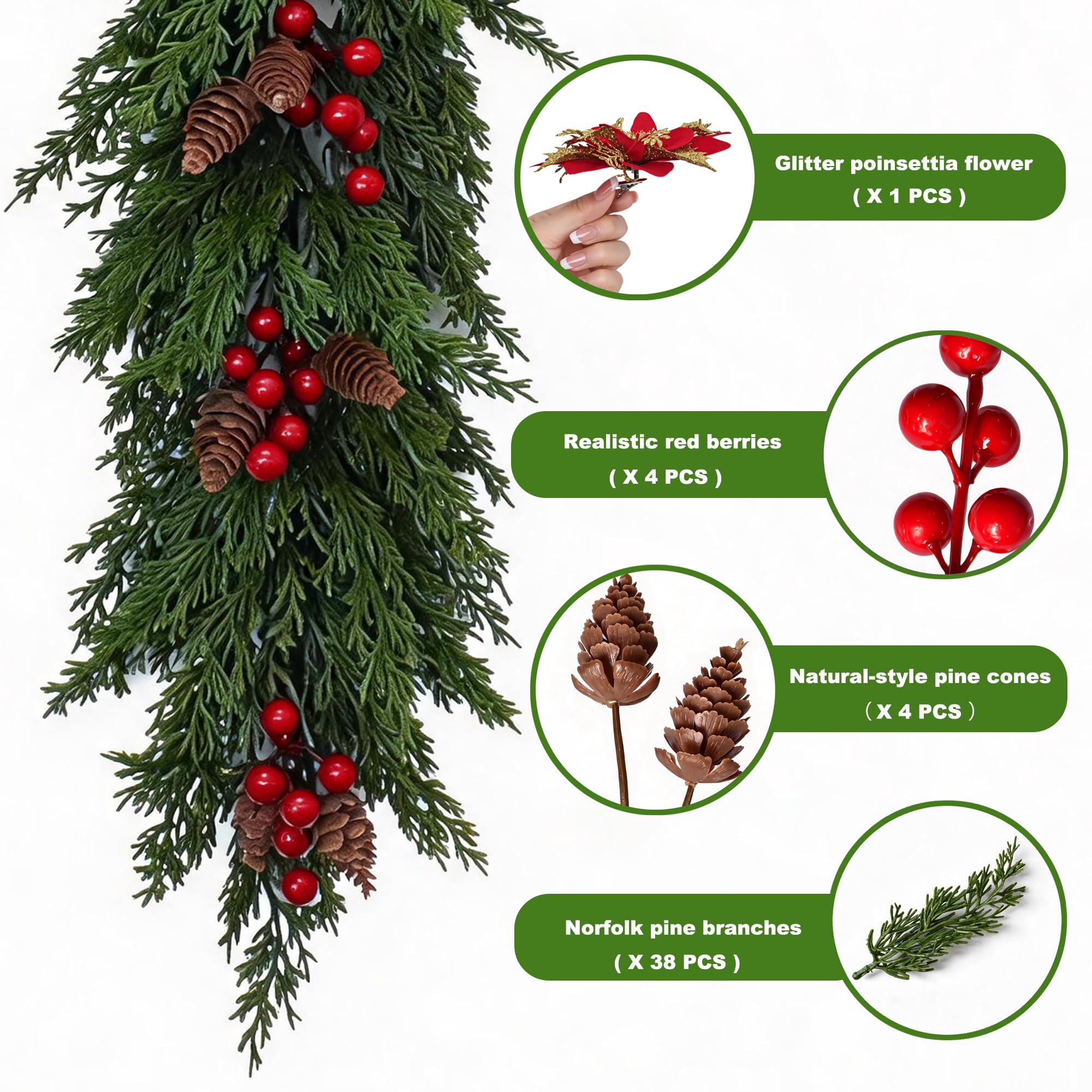 Confezione da 2 ghirlande natalizie artificiali da 63 cm, in pino norfolk, da appendere, con stella di Natale glitterata, bacche rosse e pigne, decorazione natalizia per porta d'ingresso, camino