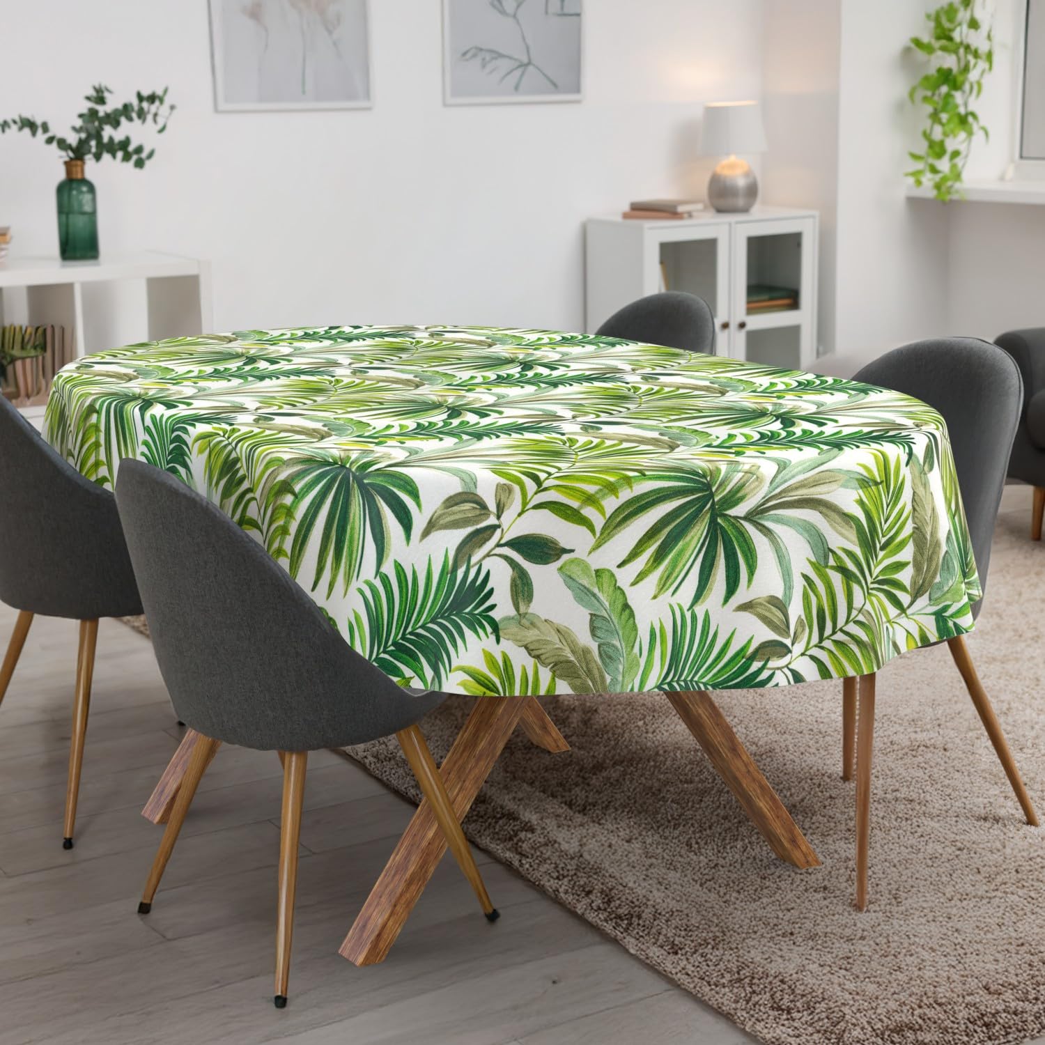 ANRO Nappe Lavable - Motif Palmiers - Ovale - 240 x 140 cm - Imperméable - pour l'intérieur et l'extérieur - Effet Lotus - Bord coupé
