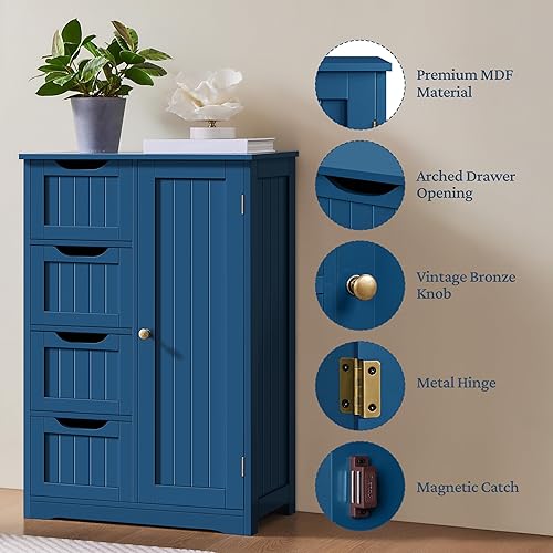 Miniatura 5 de Yaheetech Armario de Piso de Madera para Baño, Organizador de Almacenamiento Lateral con 4 Cajones y 1 Alacena, Unidad de Almacenamiento de Entrada