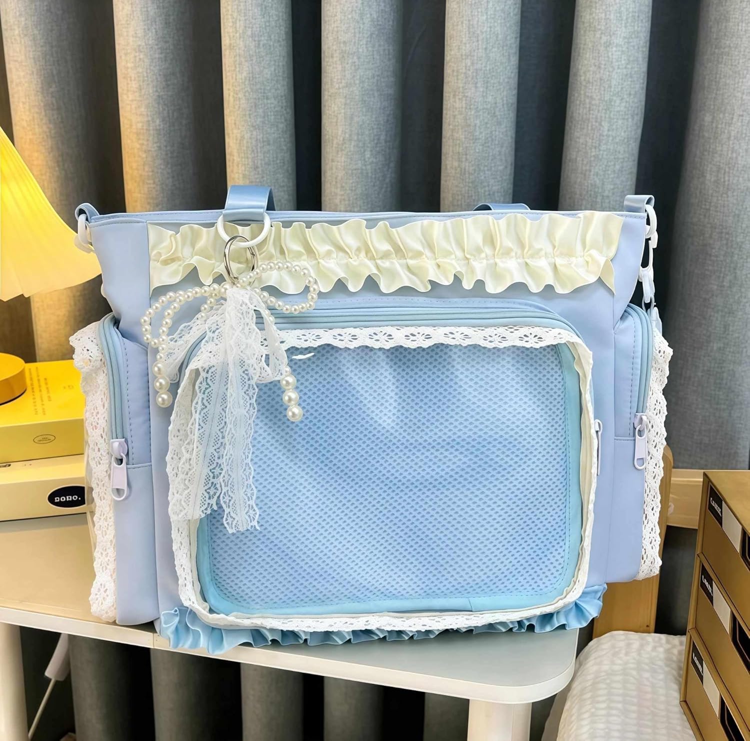 ita crossbody tote bag, pin display with Insert large messenger bag, cute tote bag with zipper ruffle, japanese aesthetic y2k