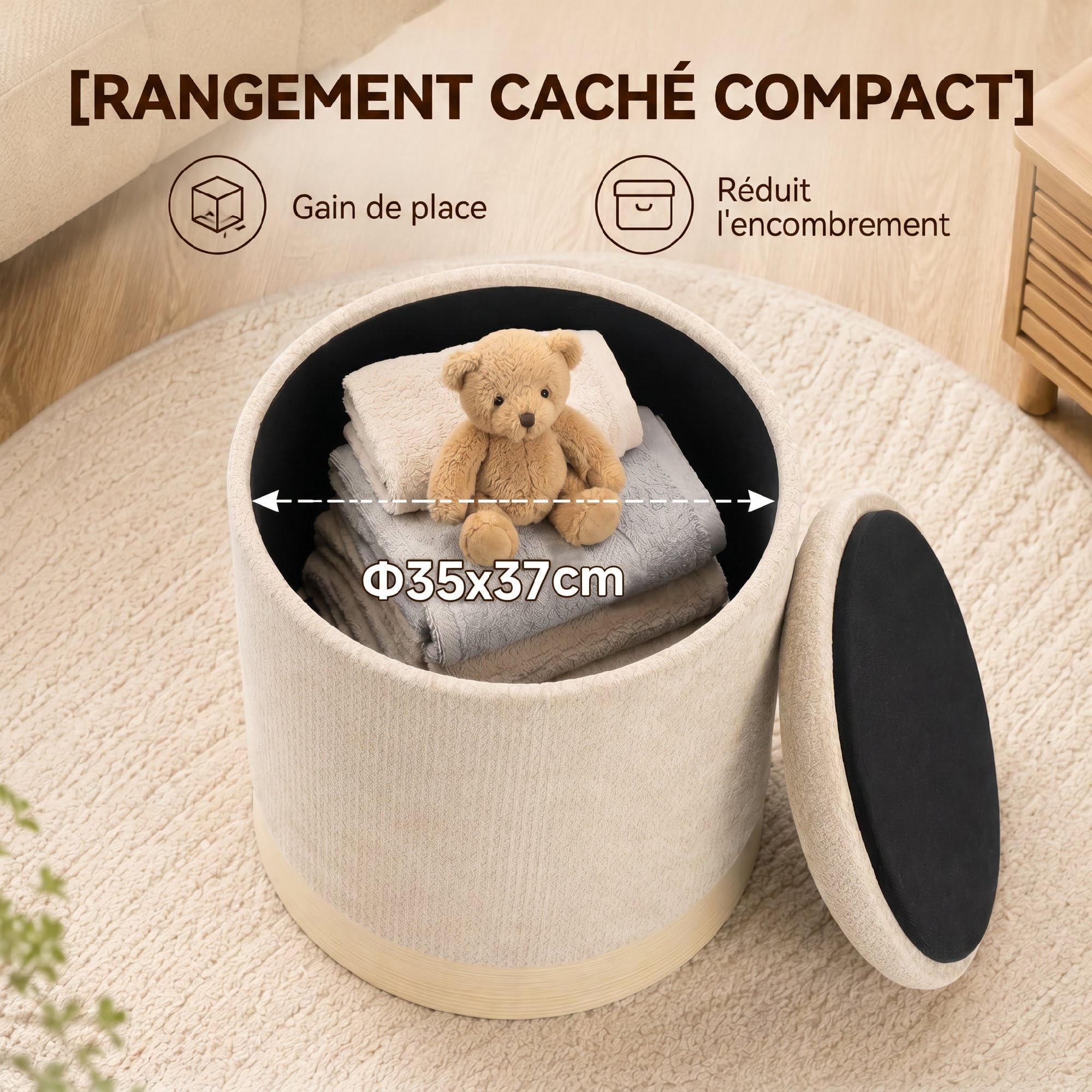 HOMCOM Pouf rotondo portaoggetti in ciniglia, Ø38x45 cm, beige | Pouf poggiapiedi, base in metallo effetto legno, per camera da letto, ingresso, soggiorno, portata 120 kg.