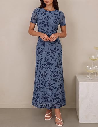 ZESICA Women Summer 2026 Floral Short Sleeve Bodycon Mesh Maxi Formal Dress