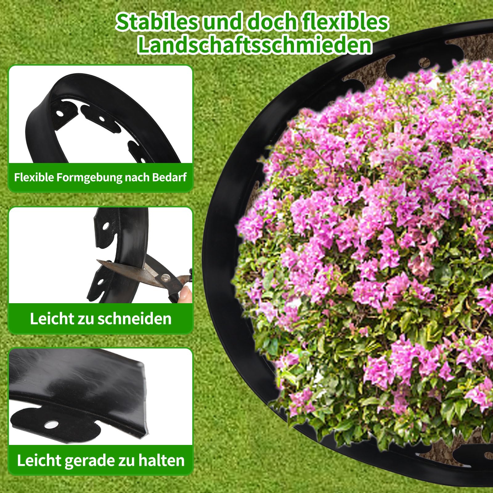 Bordure Jardin Exterieur, Bordure de Jardin Flexible Plastique 10cmx10m, Comprend 30 Pointes d'ancrage et 1 connecteurs Inclus, avec Une Paire de Gants, Bordures Jardin Décorative (Noir, 10cmx10m)