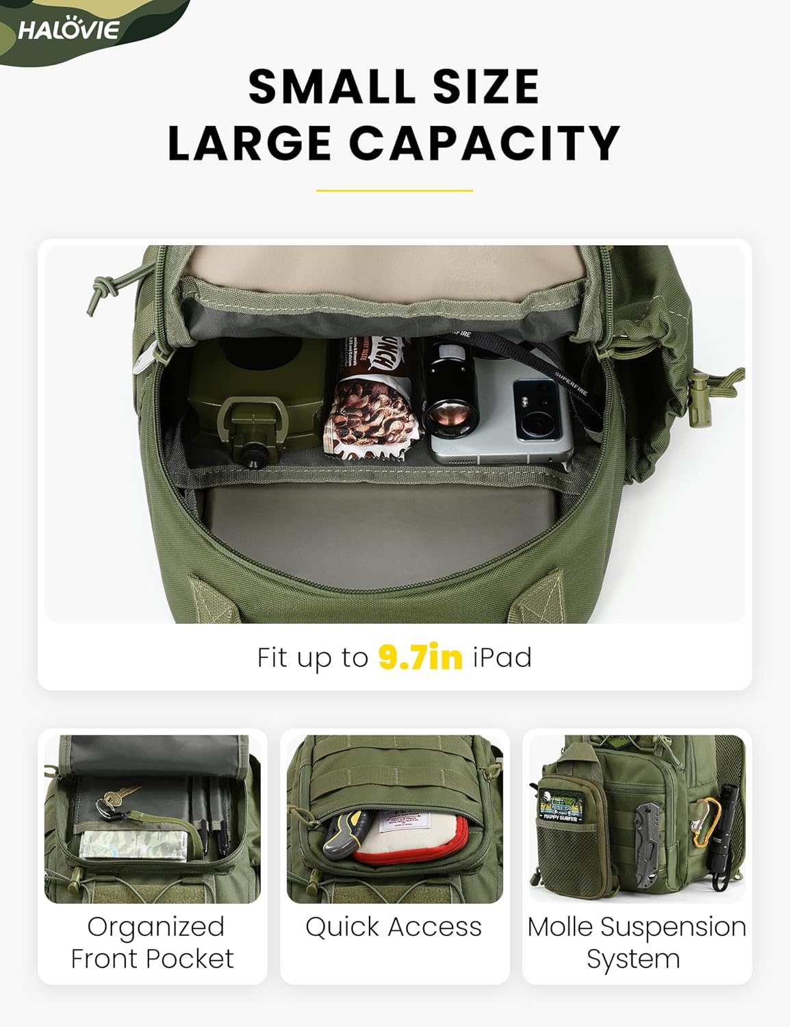 HALOVIE Anti-theft Tactical Sling Bag RFID ArmyGreen Military Shoulder Bag with Phone Pack EDC Molle Crossbody Bag for men - Image 3