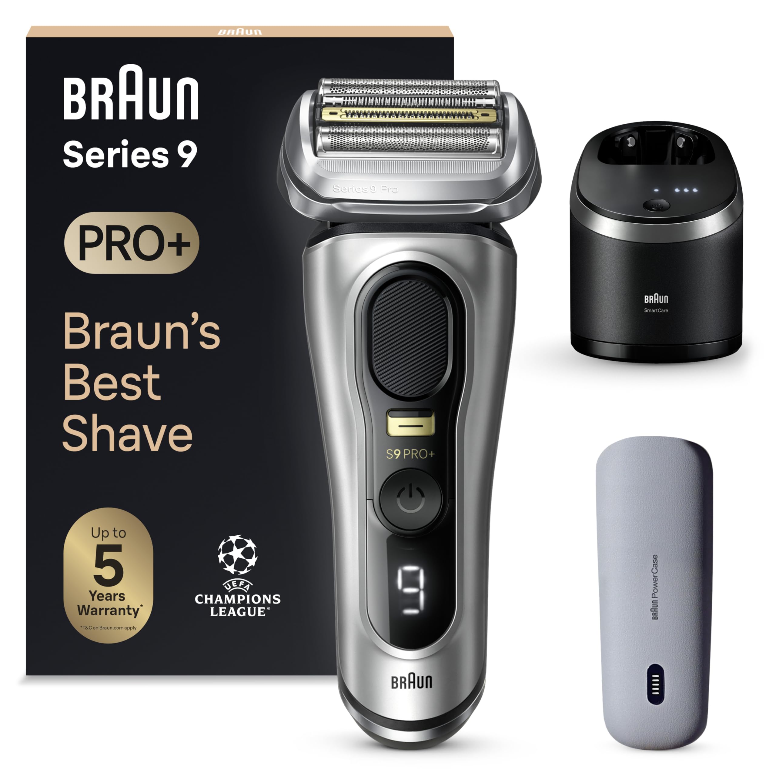 Braun Series 9 Pro+ Afeitadora Eléctrica Hombre, Máquina de Afeitar Barba y Centro De Limpieza SmartCare, PowerCase, En Seco Y En Mojado, 9577cc, Plata GreenCircle Certified: Certified Energy Savings