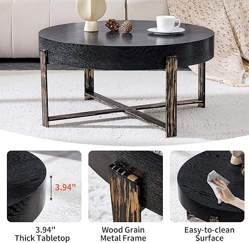 Miniatura 4 de Mesa de centro redonda de 30.7 pulgadas, mesas de centro modernas para sala de estar, mesa de té circular de madera con patas de metal para