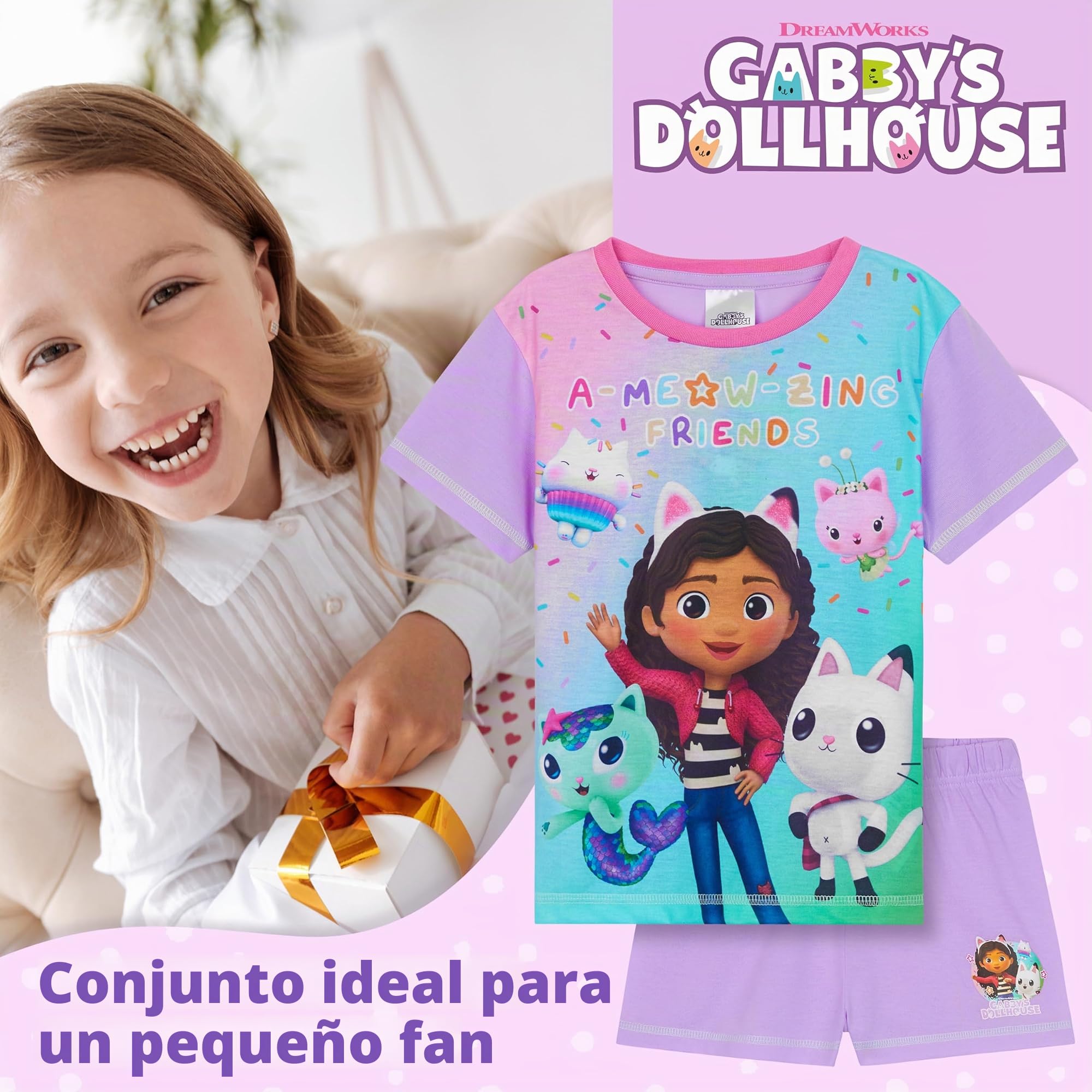 Gabby's Dollhouse Corto Transpirable Conjunto Pijama Niña - Regalo para Niña (Morado/Multi, 5-6 Años)