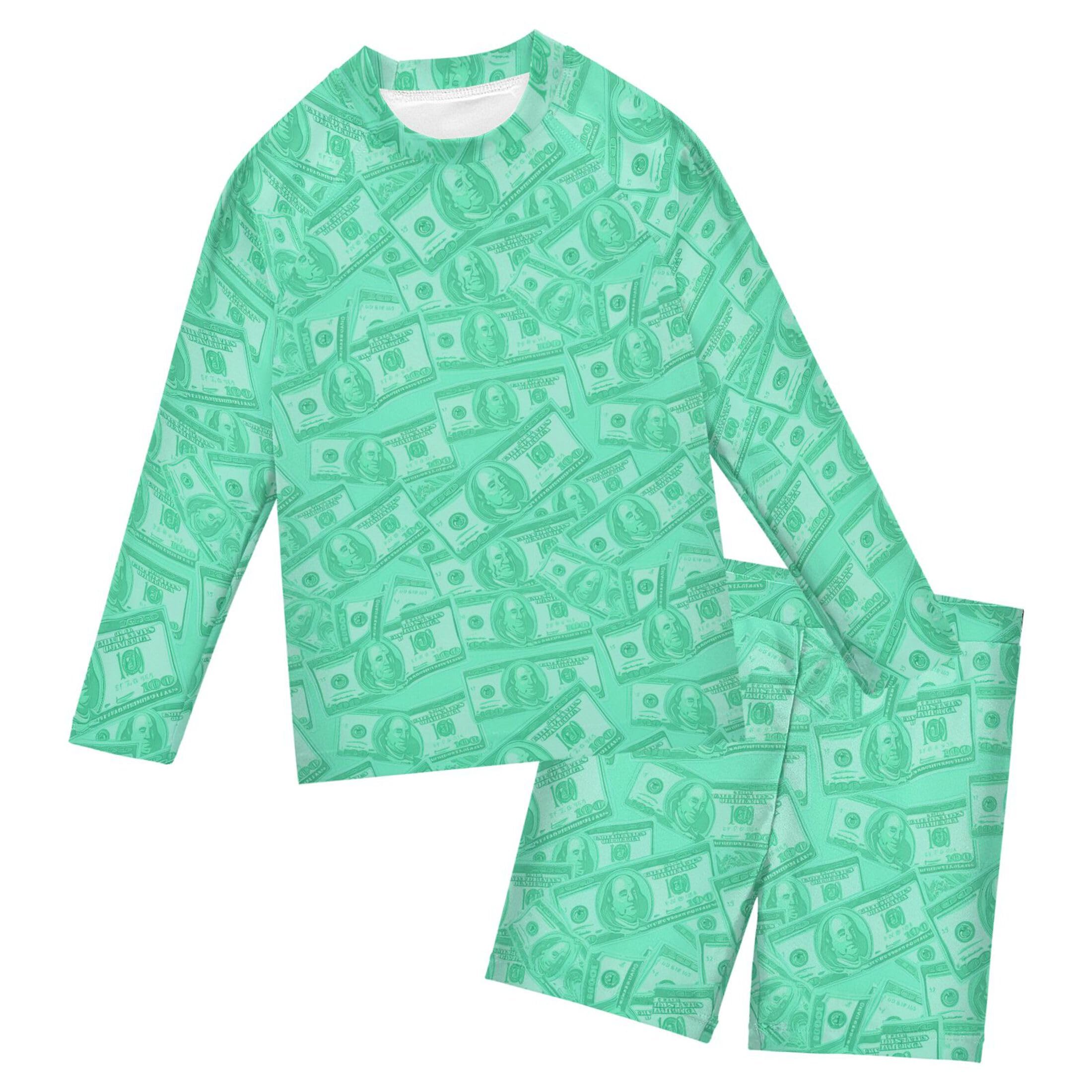 Paper Money Hundred Dollar Bills Toddler Boys' 2-Piece Swimsuit Trunk, Long Sleeve Rashguard Bathing Suit B0405101