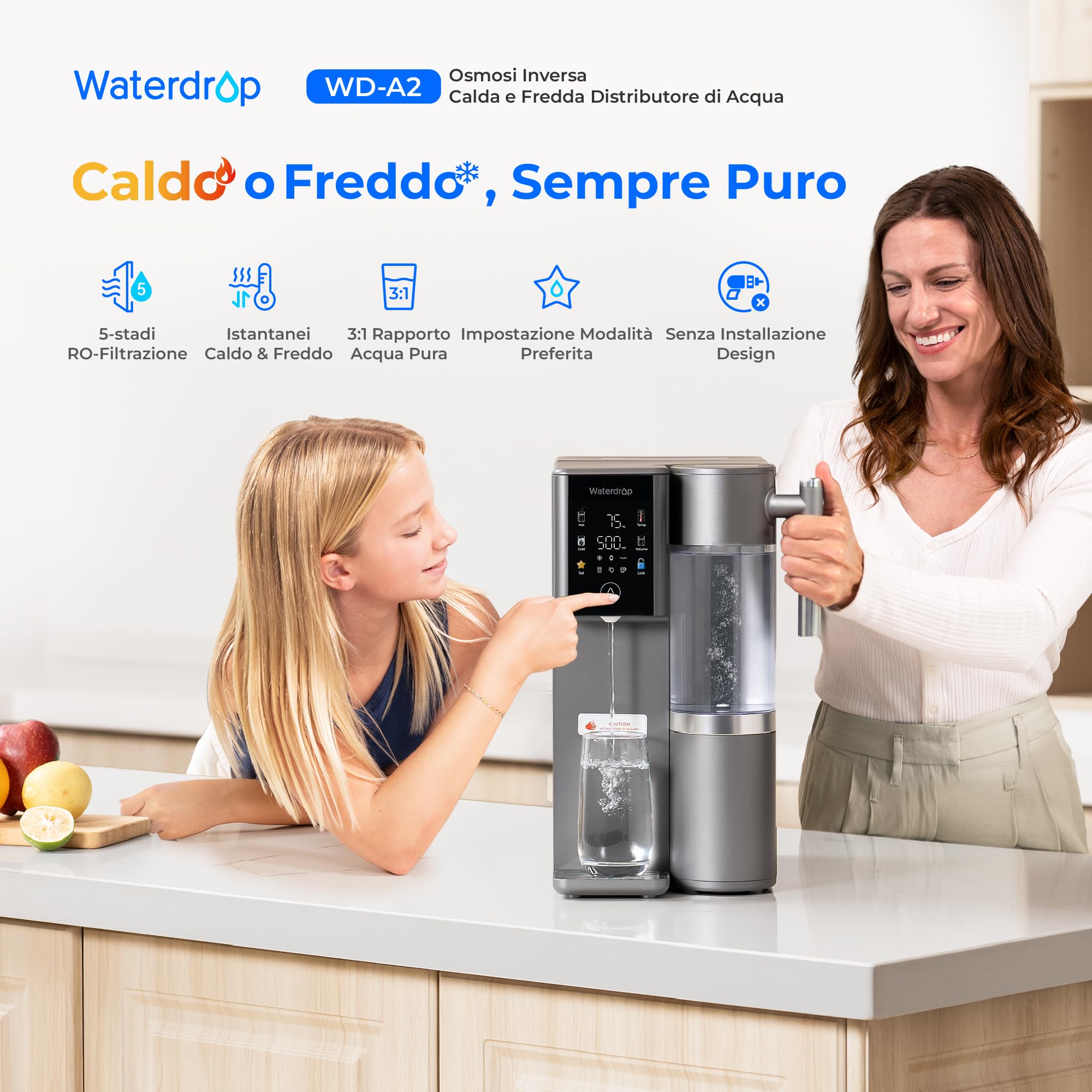 Waterdrop WD-A2 Sistema a Osmosi Inversa, Sistema di Acqua Calda e Fredda, Serbatoio d'Acqua Pura Portatile, Raffreddatore d'Acqua Senza Bottiglia, 6 Impostazioni di Temperatura, 3:1 Puro a Scarico