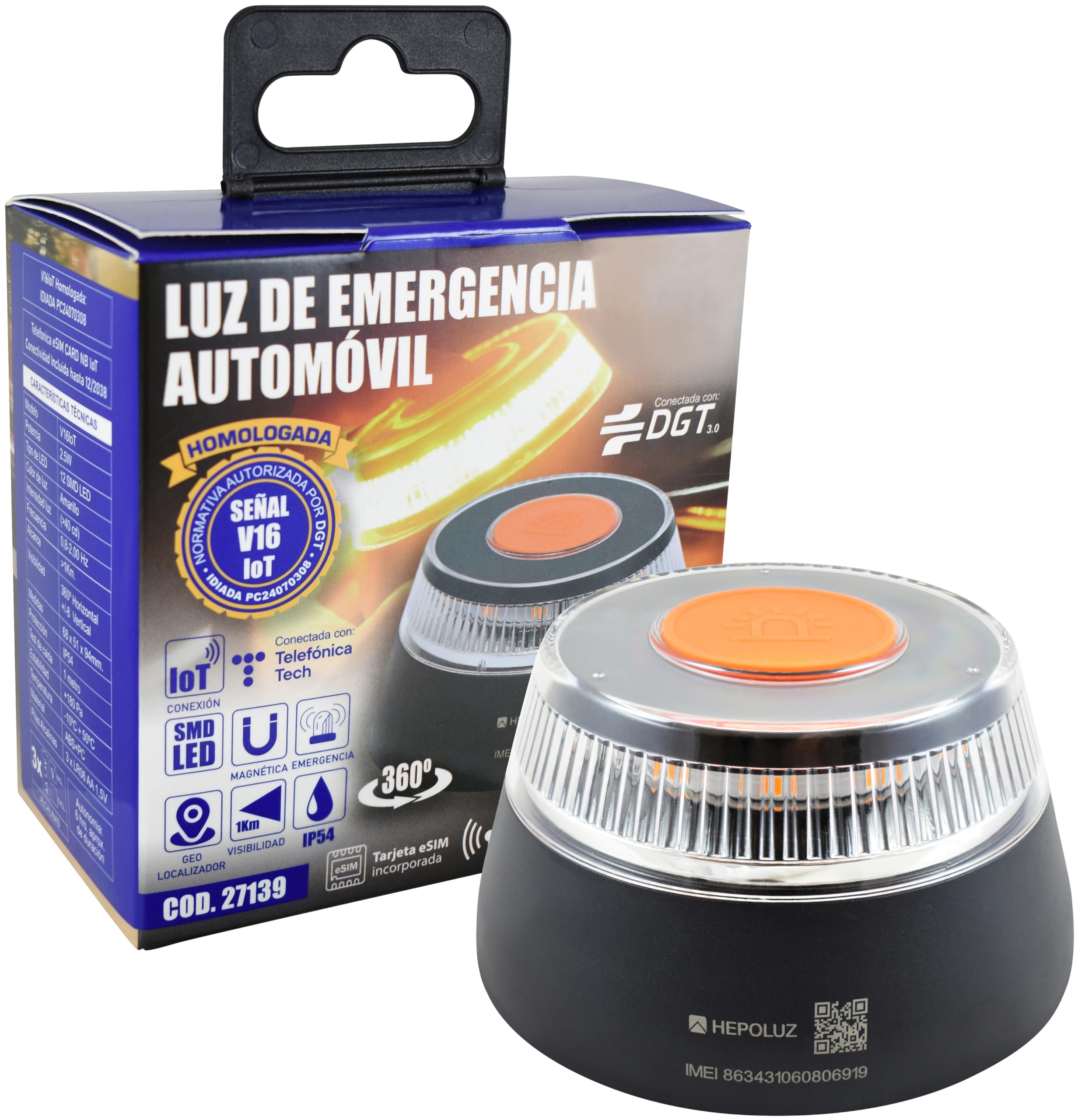 Geolocated and approved V16 emergency light with IoT eSIM connectivity and DGT 2026 certification