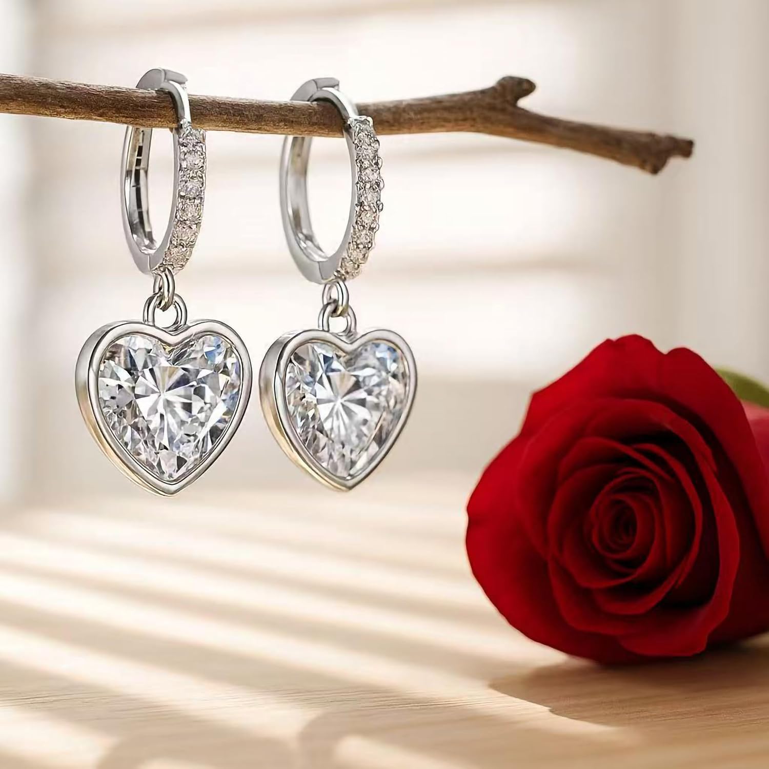 Heart Shaped Dangle Earrings for Women, 14K White Gold Plated Hoop Earrings with Sparkling Cubic Zirconia, Elegant Drop Earrings for Daily Wear - Image 2