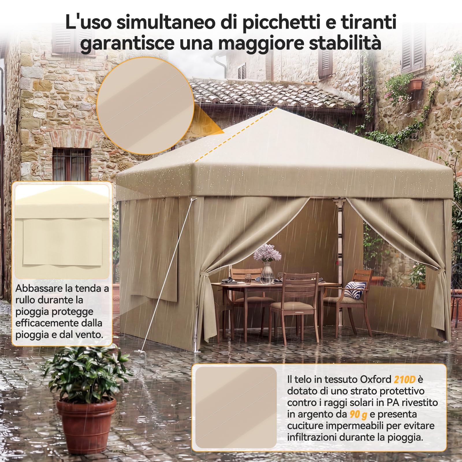 JUMMICO Gazebo 3x3 Pieghevole Impermeabile｜Zanzariera Arieggiata Anti-Insetti｜Robusto, Durevole, Impermeabile e Anti-UV｜Installazione e Rangement Rapidi｜Ideale per Cortile, Campeggio e Altro｜Beige